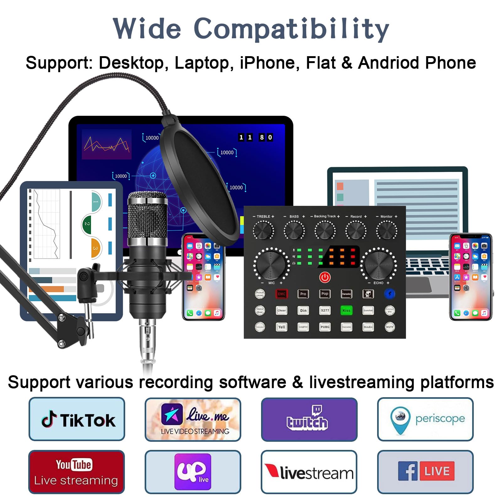 ALPOWL Podcast Equipment Bundle for 2, Audio Interface with Cardioid Designer BM800 Mic for Gamer and All-in-One DJ Mixer, Perfect for Live Streaming, Singing, YouTube, Gaming