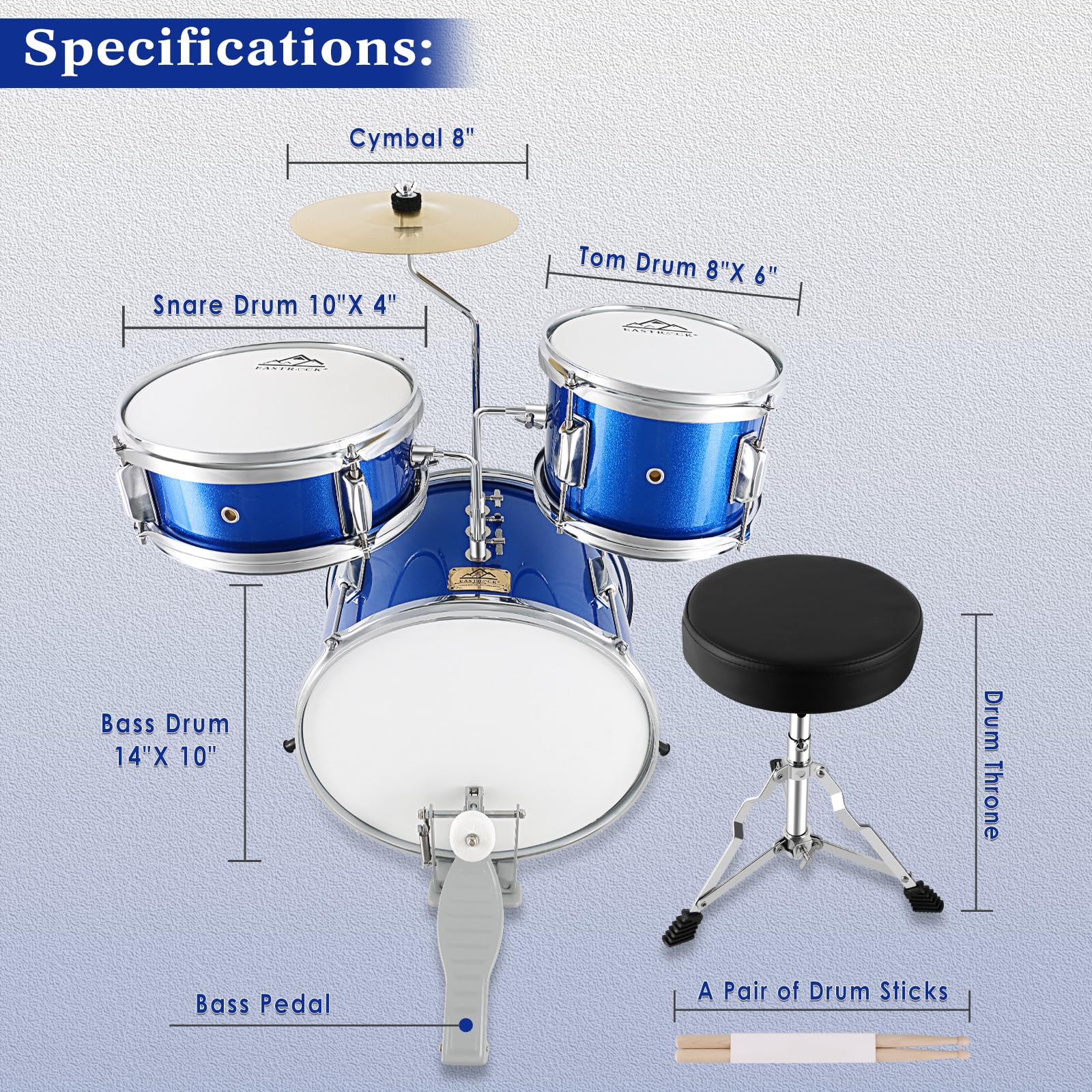 EASTROCK 3 Piece 14” Junior Drum sets for Drummer,Dark Blue