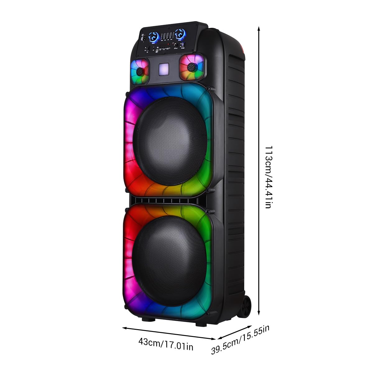 ROXAAN Dual 15″ Party Bluetooth Speaker with 7-Color LED Lights, FM Radio