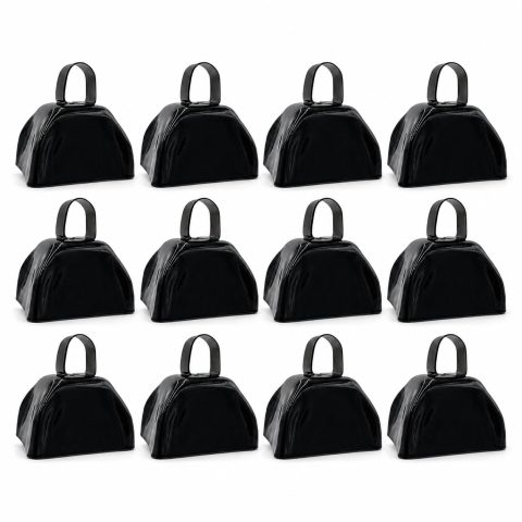The Dreidel Company Black Metal Cowbell Noisemaker Cheering Bell, New Years, School Classroom, Wedding Bells & Chimes Percussion Musical Instruments Call Bell Alarm, 3″ – (12-Pack)