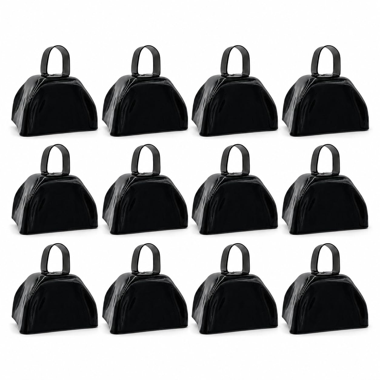 The Dreidel Company Black Metal Cowbell Noisemaker Cheering Bell, New Years, School Classroom, Wedding Bells & Chimes Percussion Musical Instruments Call Bell Alarm, 3″ – (12-Pack)