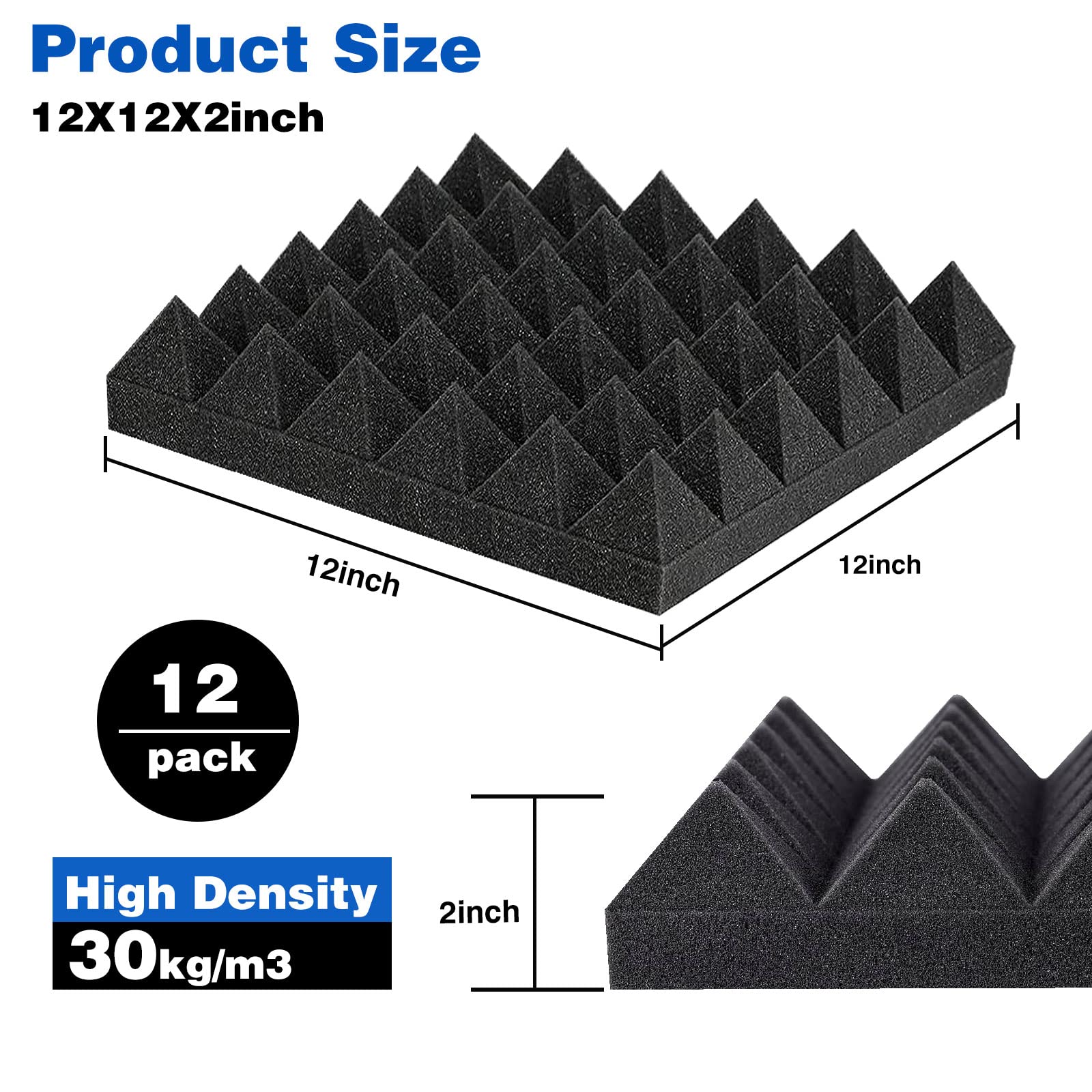 FONESO Acoustic Panels, High Density Soundproof Foam Panels for Walls, Sound Absorbing Panels, Acoustic Foam Panels Fire Resistant for Studio Recording (Black, 2″x12″x12″ 48Pack)