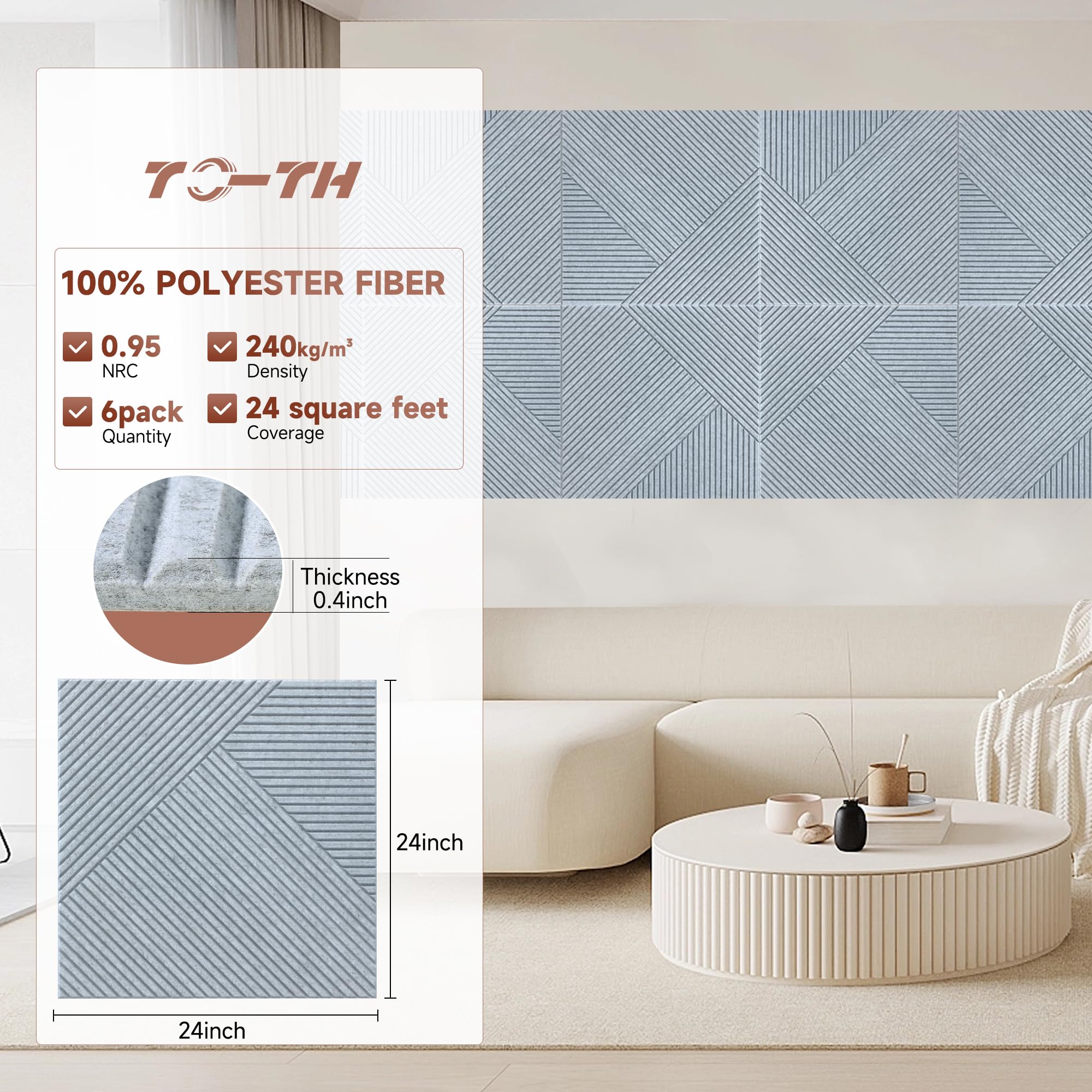 TO-TH Sound Proofing Panels Self-Adhesive Acoustic Panel 6Pack, Silver Grey