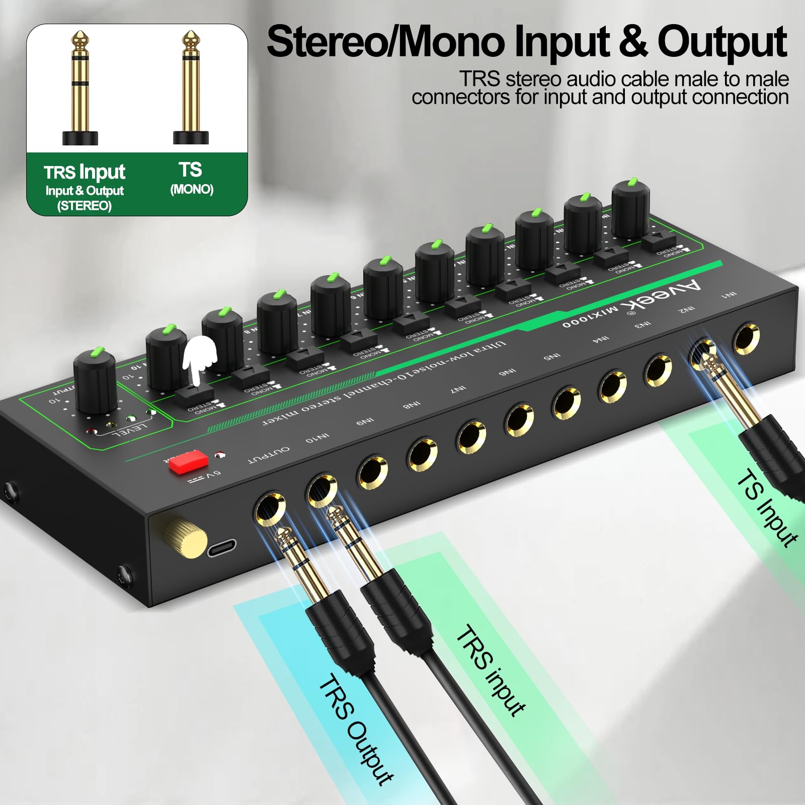 Aveek Mini Audio Mixer, Ultra-Low-Noise 10 Channel Stereo Line Mixer