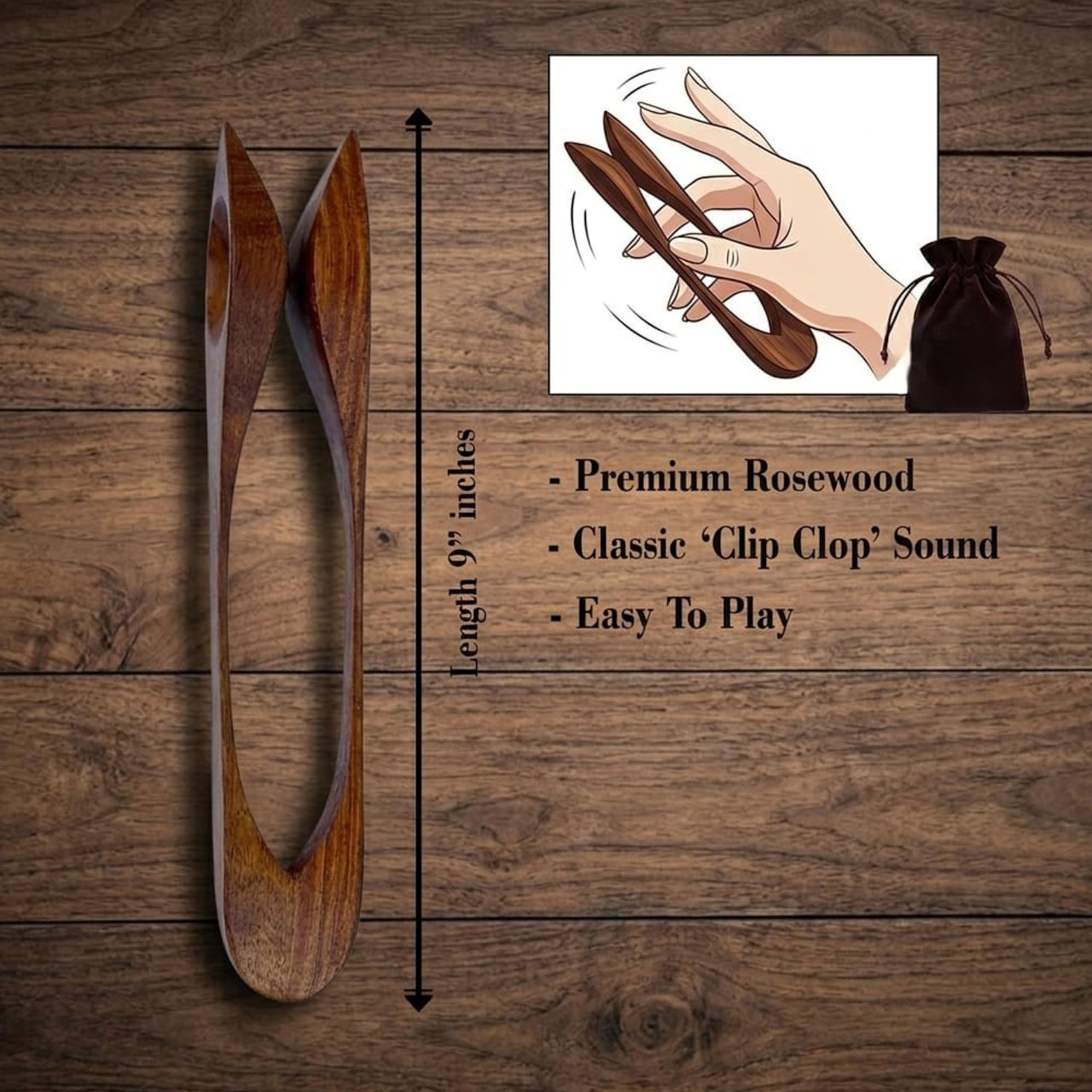 Musical Spoons for Percussion – Handcrafted 9″ Rosewood Rhythm Spoon Instrument for Folk & Celtic Music – Professional Percussion Instrument for Adults & Music Enthusiasts