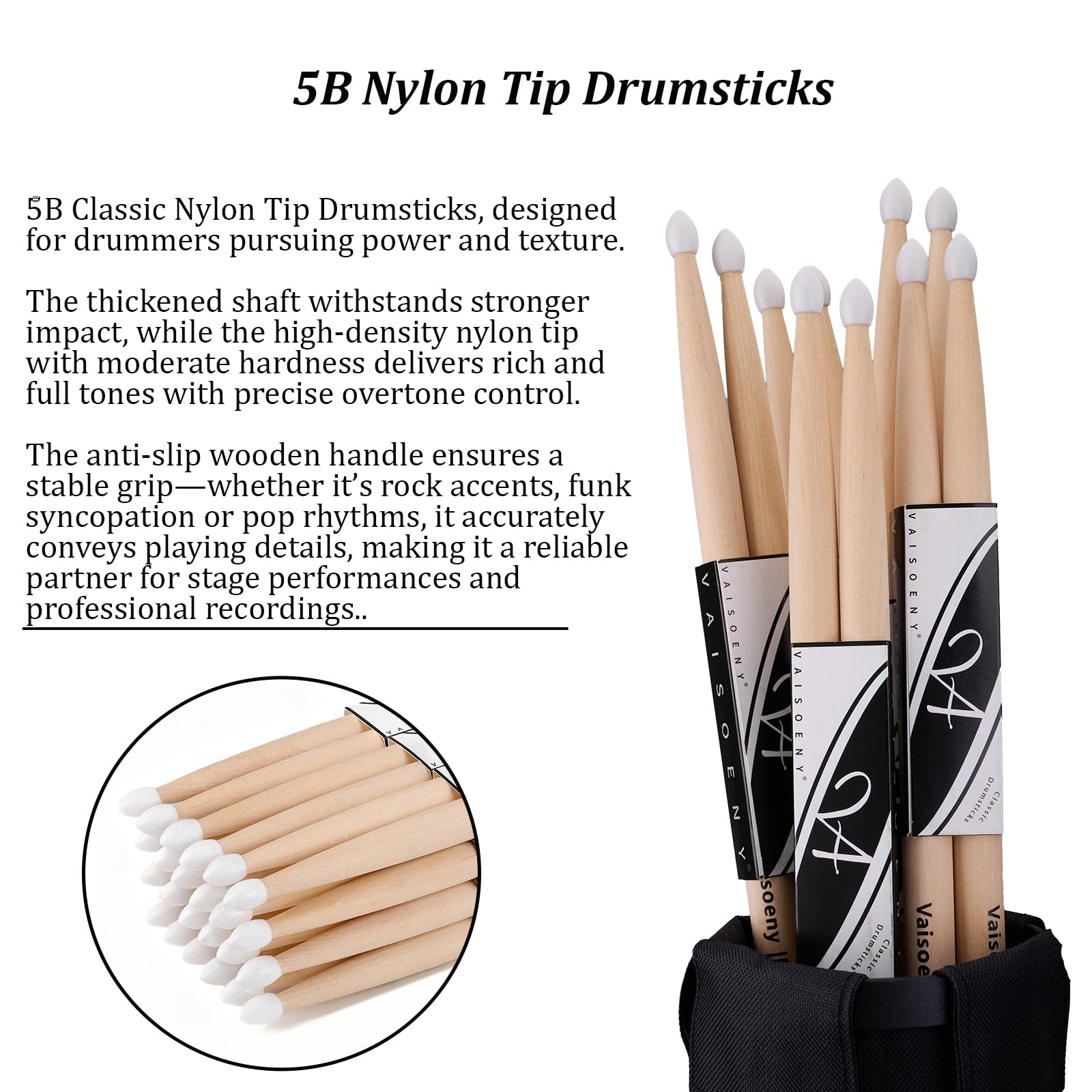 VAISOENY Drum Sticks, Maple 5B Drumsticks with Teardrop Nylon Tip, 12 Pairs