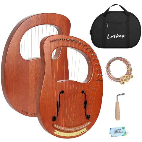 Lotkey Lyre Harp，16 Metal Strings Iron Saddle Mahogany Lyre Harp with Tunning Wrench, Extract Strings, Manual and Gig Bag