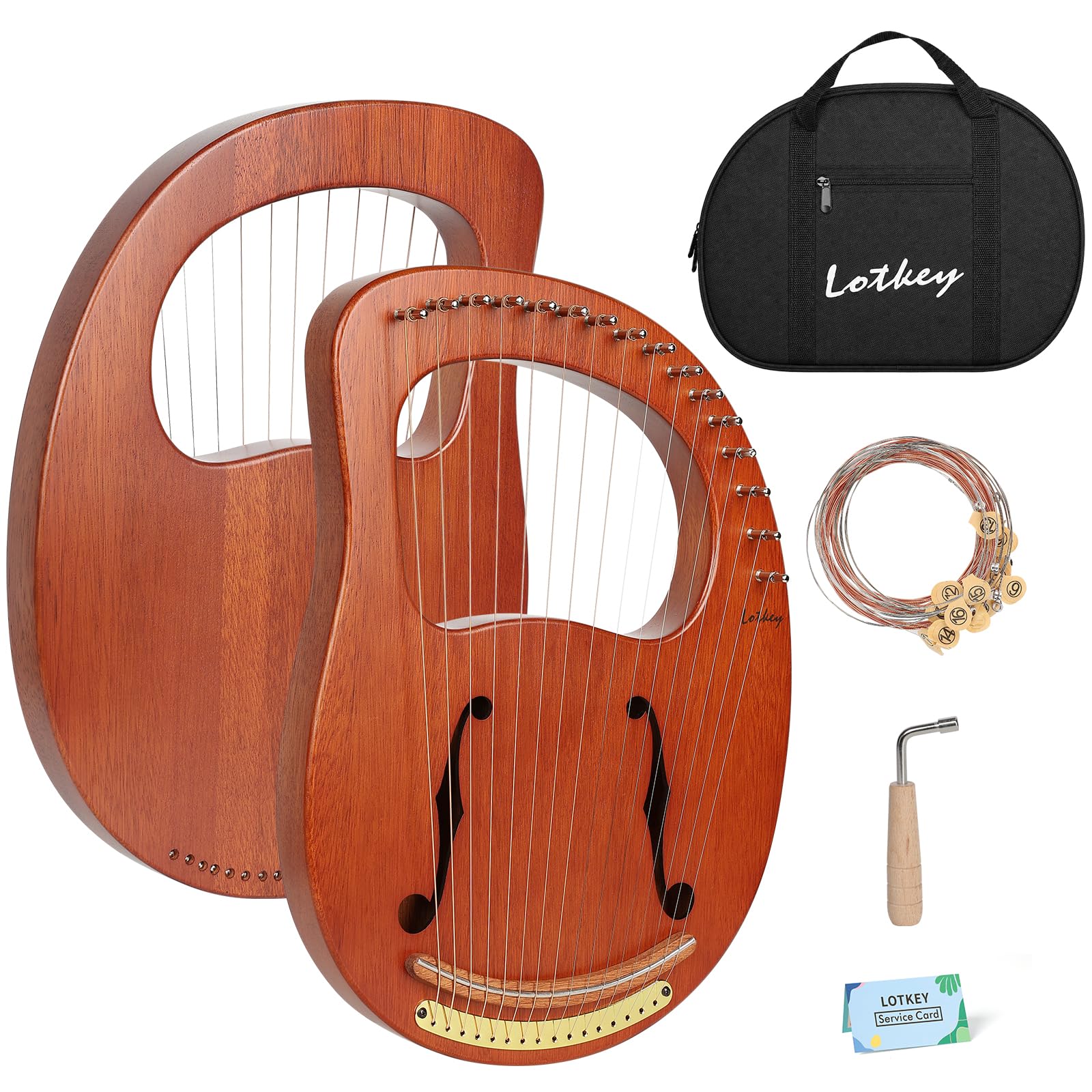 Lotkey Lyre Harp,16 Metal Strings Iron Saddle Mahogany Lyre Harp with Tunning Wrench, Extract Strings, Manual and Gig Bag