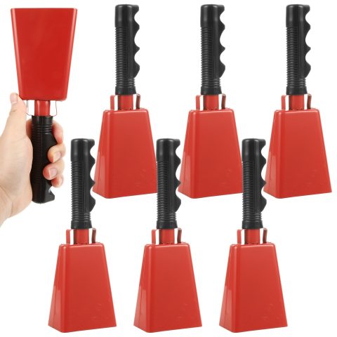 CertBuy Cowbell with Handle, 6 Pack 9 Inch Large Red Cow Bells for Football Games, Solid Stainless Steel Noise Makers & Percussion Instruments for Sporting Events, School, Cheering