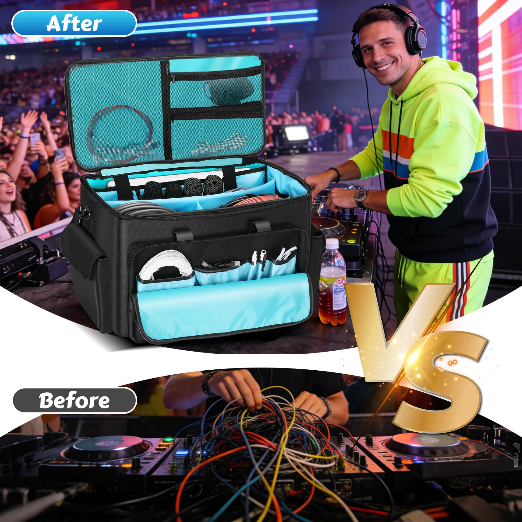 DJ Cable Bag, Rolling DJ Cable Bag with Detachable Trolley & Dividers