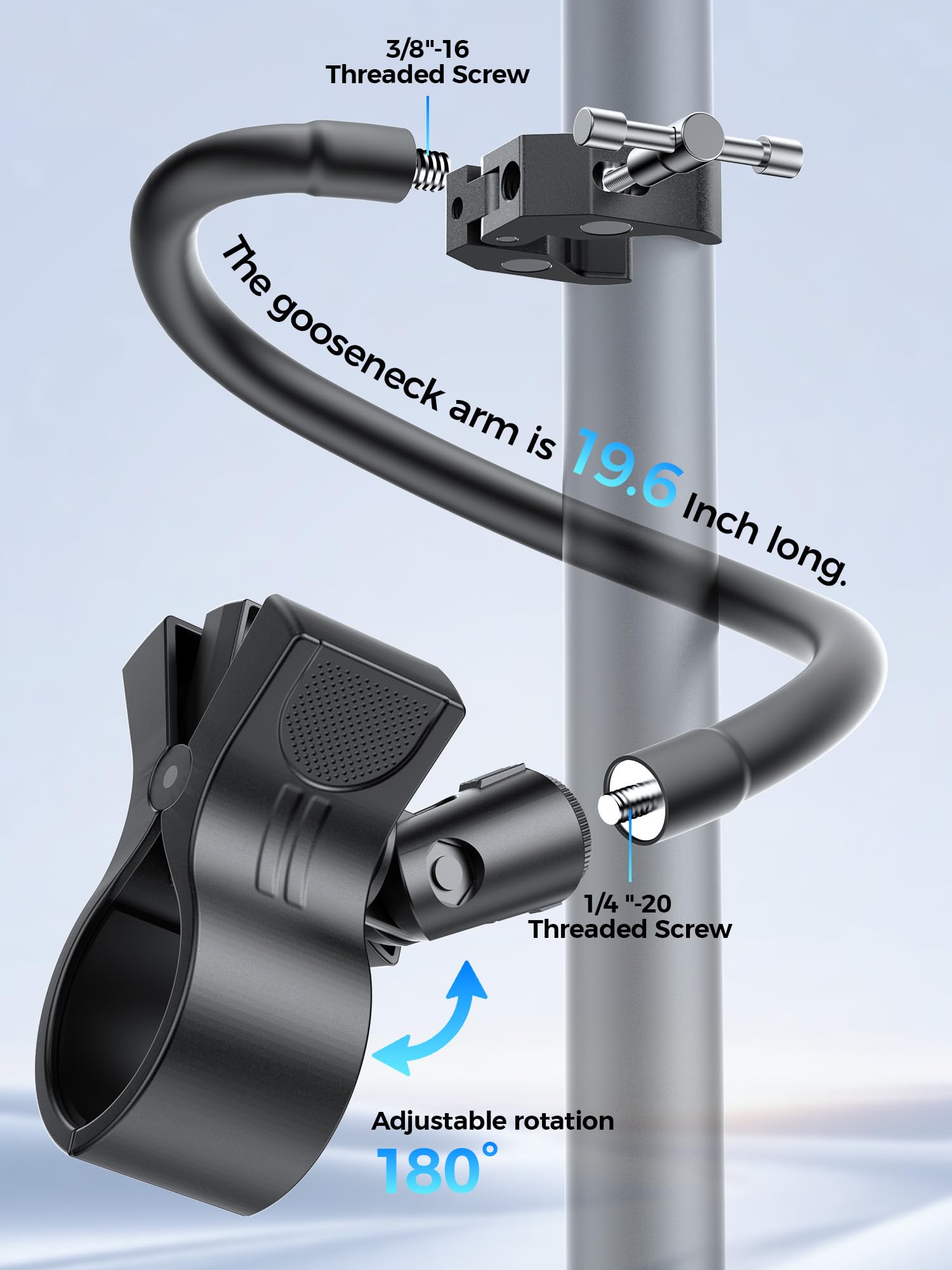 19.6″ Steel Core Flexible Gooseneck Microphone Stand with 1/4″ to 3/8″ Adapter, Mic Clip & Super Crab Clamp, Desk/Pole Mount Compatible with Shure, Fifine, AT2020, Pyle, Razer, Blue Snowball