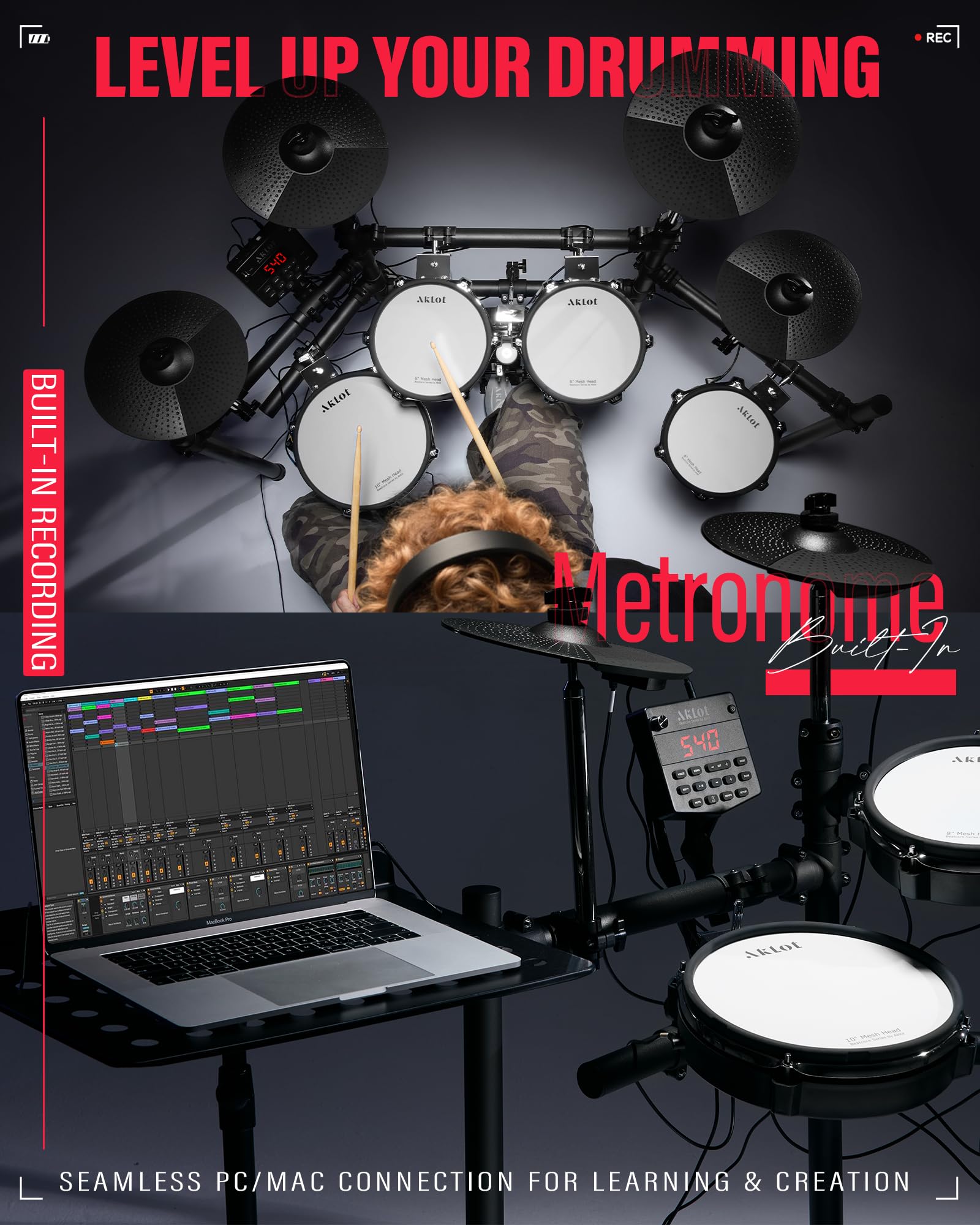 AKLOT Electric Drum Set with Kick-Tower: 4 Dual Zone Mesh Pads, 8’’ Tower-Style Kick Drum, 10’’ Snare, Dual Zone 10’’ Cymbals with Choke, 360 Sounds, User Kit, USB-MIDI, Throne, B-CORE 540 Air, Black