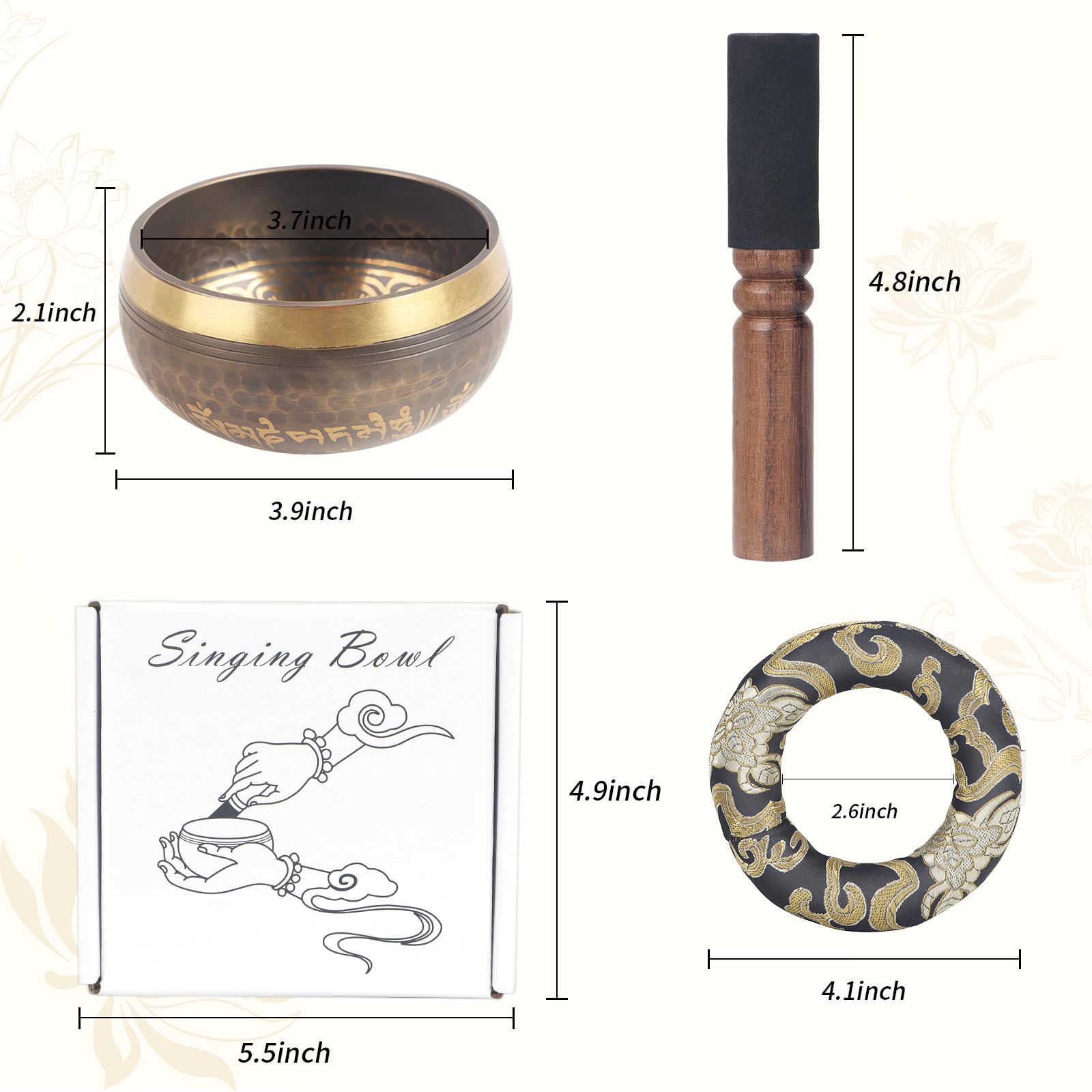 Kmise Tibetan Singing Bowls Set- Handmade in Nepal Meditation Sound Bowls for Yoga, Meditation, Mindfulness, Healing and Chakra Balancing, Stress Relief (4′, Brown)