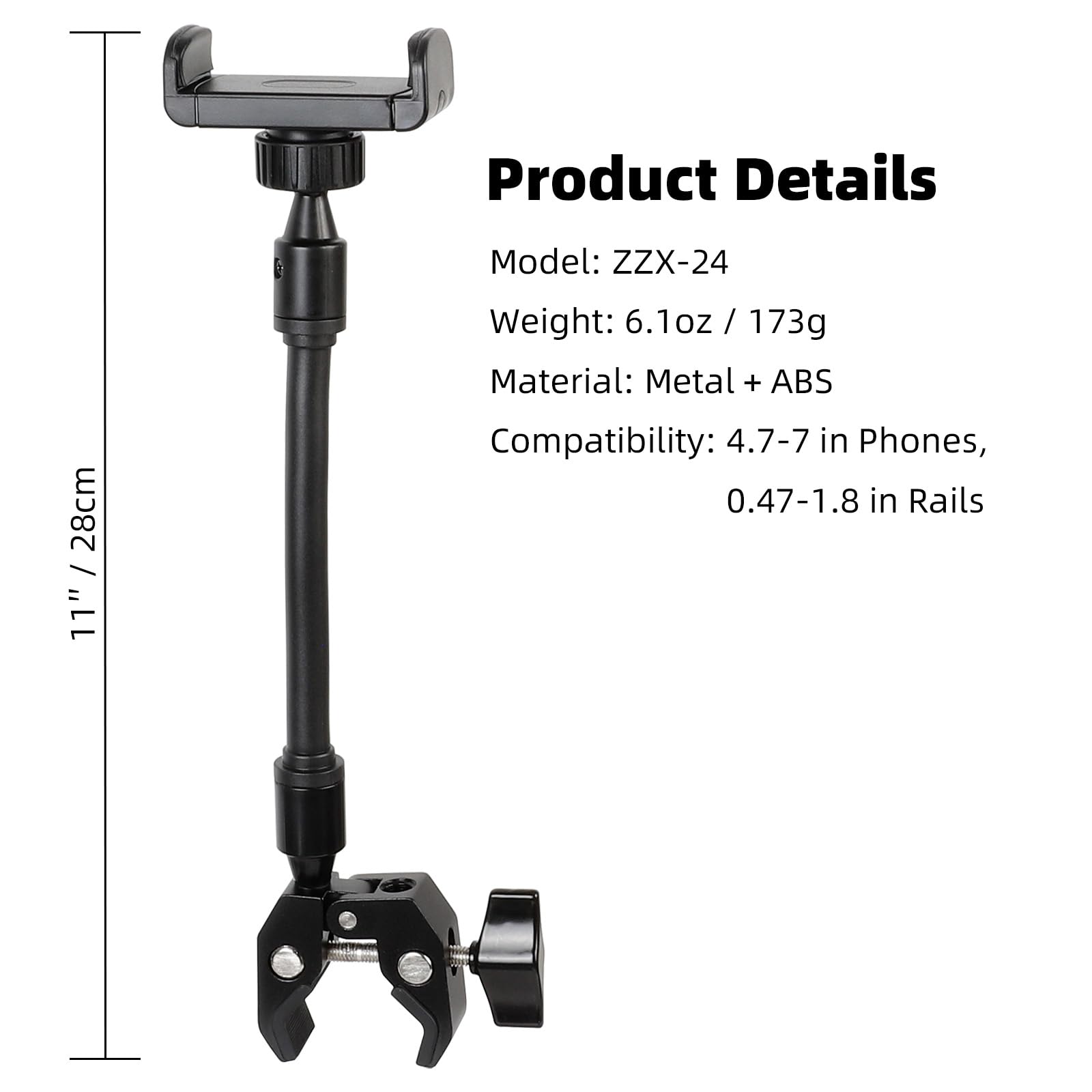 ZUZUXI Mic Stand Phone Holder – Aluminum Alloy Clamp, Adjustable Flexible Phone Holder for Microphone Stand, Compatible with Samsung Galaxy iPhone 4.7-7″ Smartphones