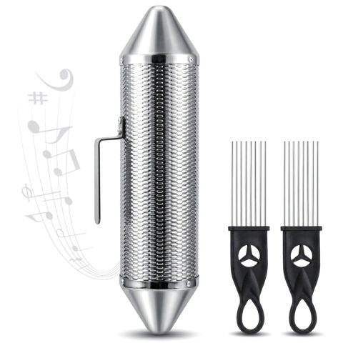 SOUJOY 15” x 3” Guiro Instrument, Stainless Steel Guiro Shaker with 2 Scrapers, Latin Percussion Instrument, Professional Band Accompaniment Sand Hammer for Musical Training