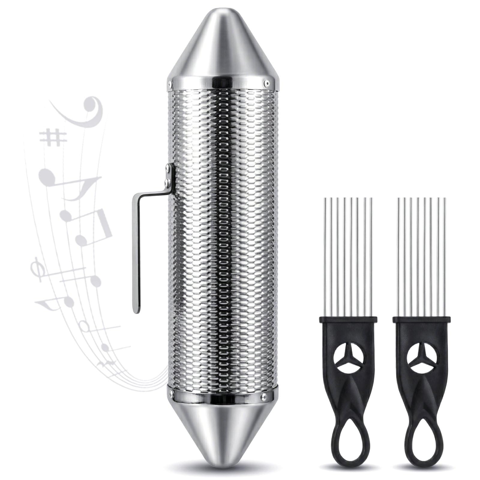 SOUJOY 15” x 3” Guiro Instrument, Stainless Steel Guiro Shaker with 2 Scrapers, Latin Percussion Instrument, Professional Band Accompaniment Sand Hammer for Musical Training