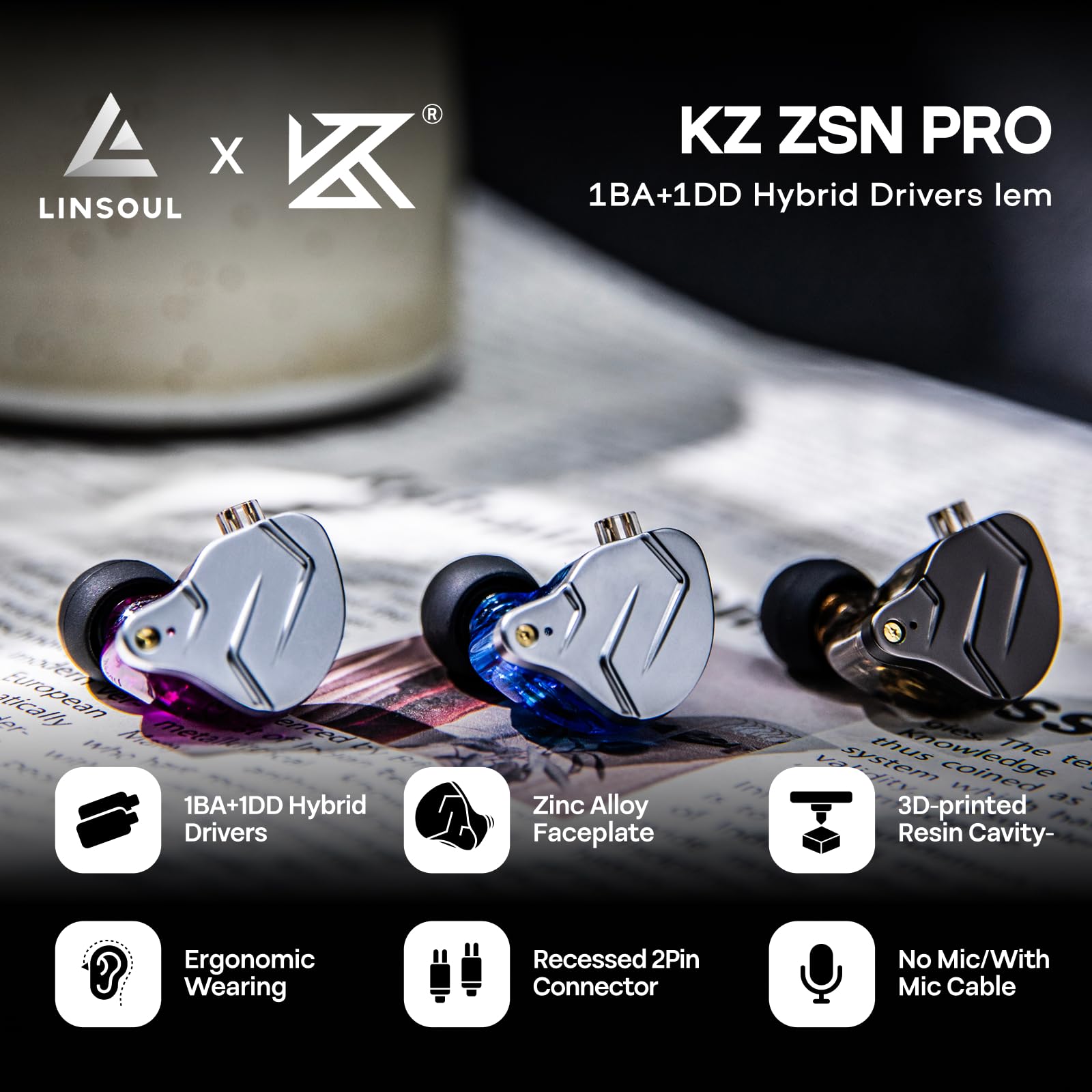 Linsoul KZ ZSN Pro Dual Driver 1BA+1DD Hybrid Metal HiFi in-Ear Monitor