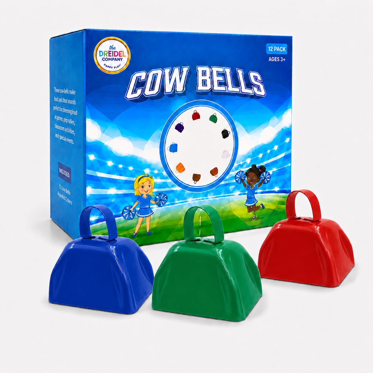 The Dreidel Company Assorted Color Metal Cowbell Noisemaker Cheering Bell, New Years, School Classroom, Wedding Bells & Chimes Percussion Musical Instruments Call Bell Alarm, 3″ (6-Pack)