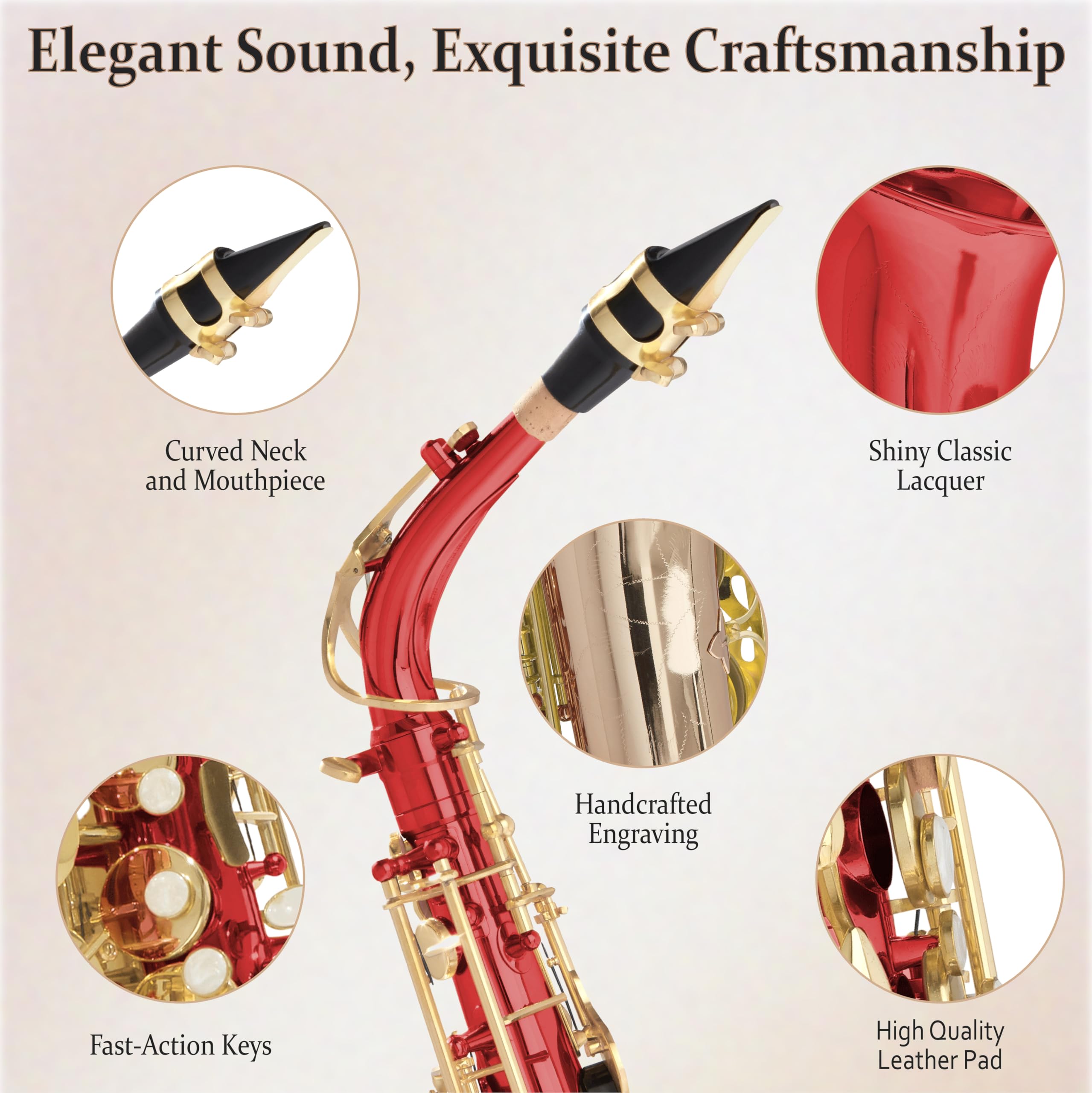 Mendini By Cecilio Eb Alto Saxophone Kit for Beginner – Gold Red