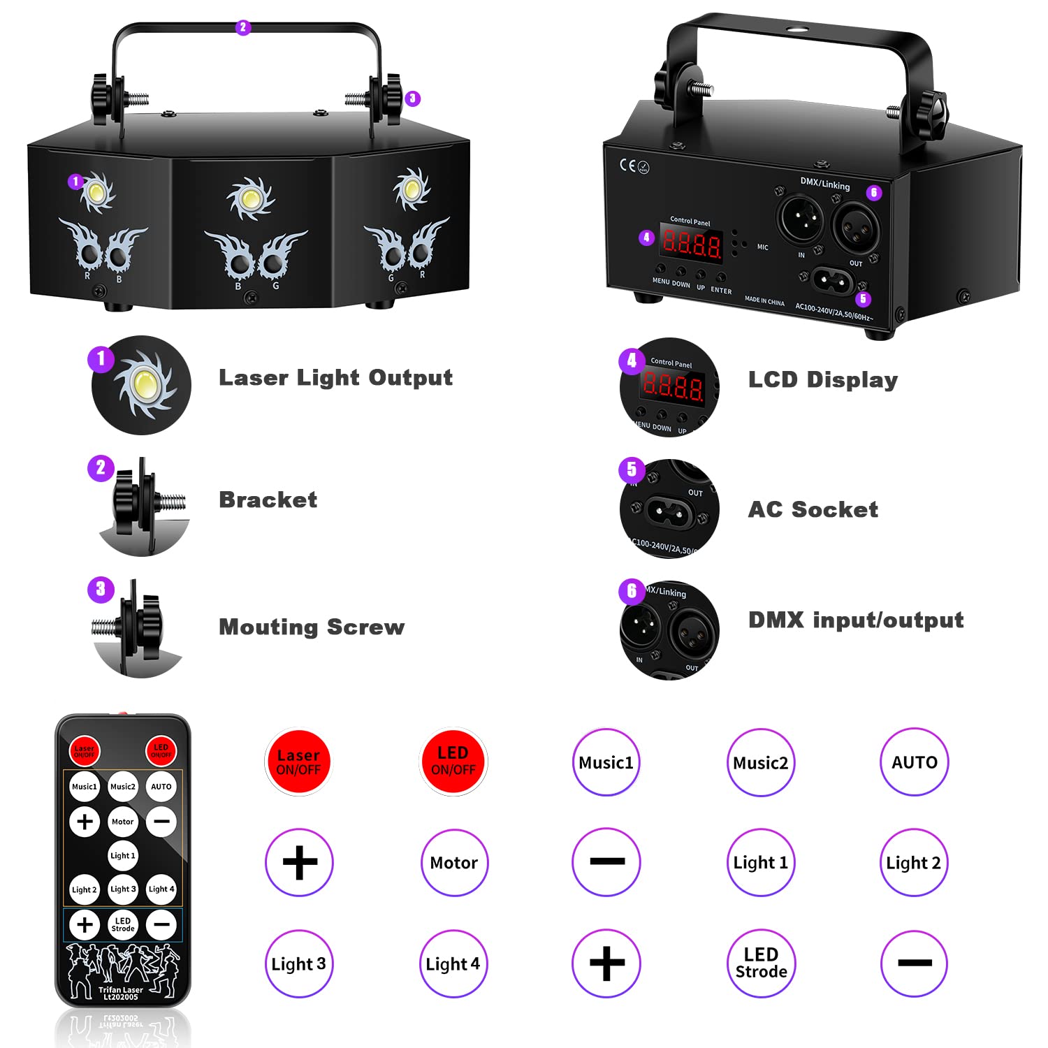 U`King Party Lights DJ Disco Light,9 Lens Stage Lighting Support DMX512 and Sound Activated with Remote Control Laser Lights for Parties Birthday Wedding Karaoke Bar KTV Club Stage Live Show(4 PCS)