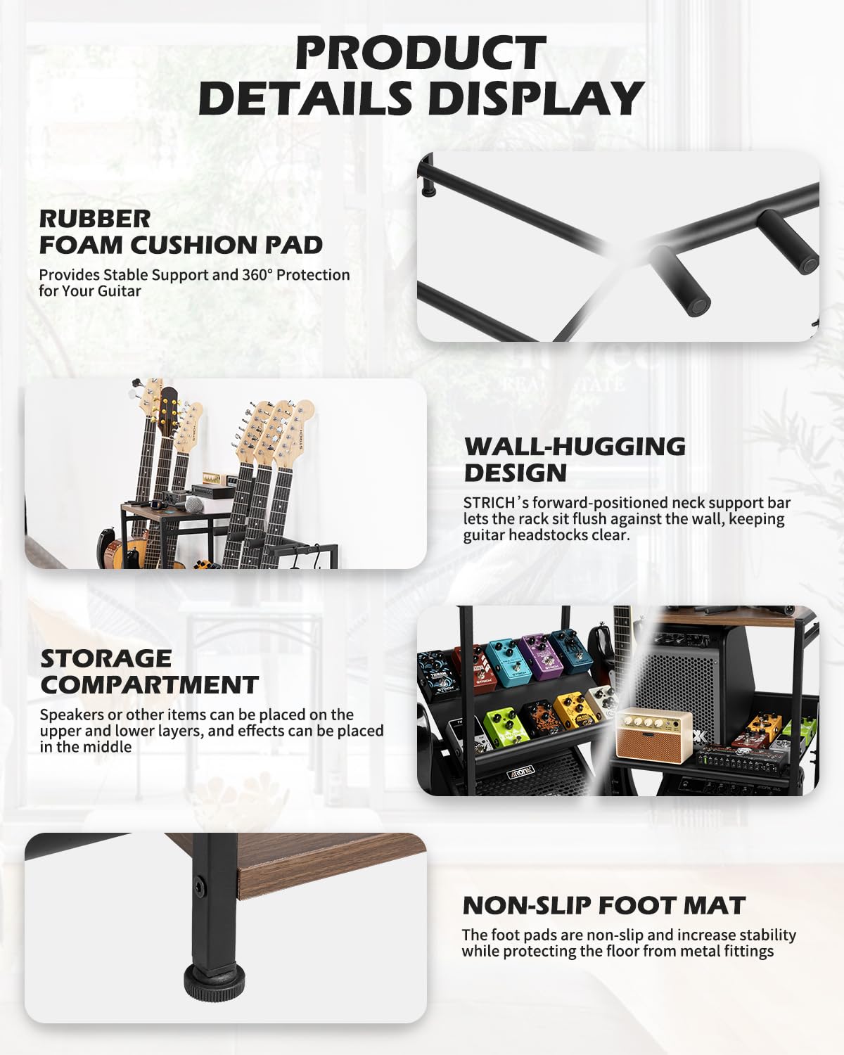 STRICH Guitar Stand – Multiple Guitar Rack with Pedals Organizer for Acoustic, Electric, Bass, Amp Accessories – Display Stand for Home Studio Music Room SMT-40