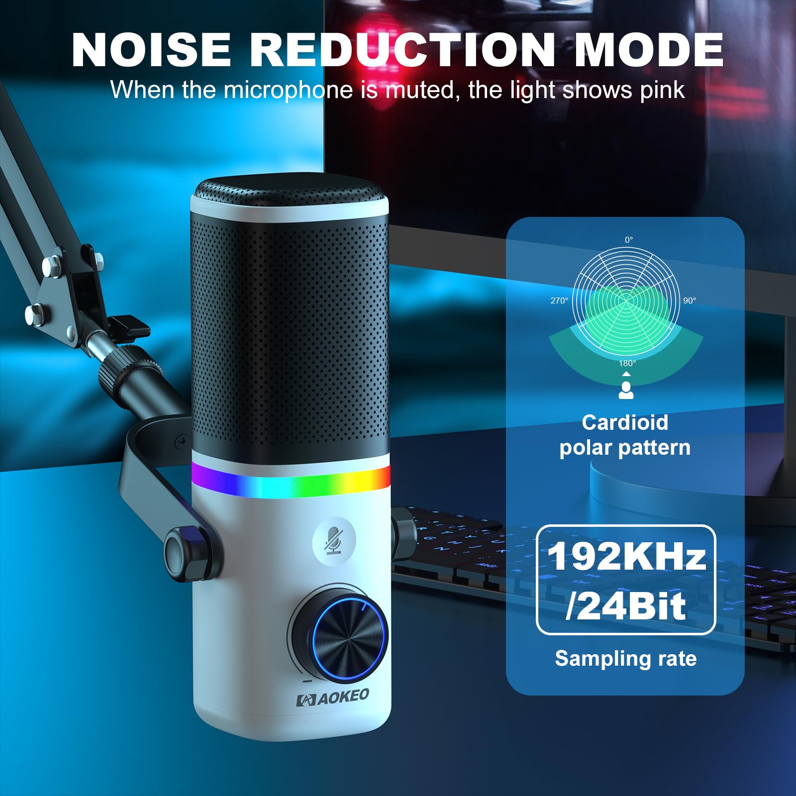 Aokeo AK-10 USB Gaming Microphone with mic arm, Condenser Microphone for PC/MAC/PS4/PS5/Phone-Cardioid Mic with RGB Lighting(White)