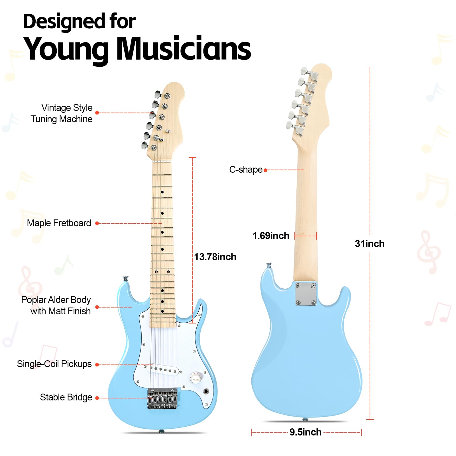 GOLDRIFF 30in Kids Electric Guitar Starter Kit for Beginners, Mini Electric Guitar with 5W Amp, Gig Bag, Strap, Extra Strings, Cable, 6 Picks, Clean Cloth and Free Online Lessons (Blue)
