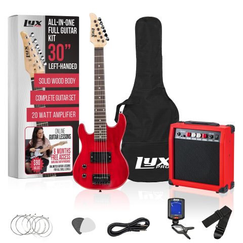 LyxPro Left Hand 30 Inch Electric Guitar Kit for Lefty Kids 3/4 Size Beginner’s Guitar, Amp, Six Strings, Two Picks, Shoulder Strap, Digital Clip On Tuner, Guitar Cable and Soft Case Gig Bag – Red