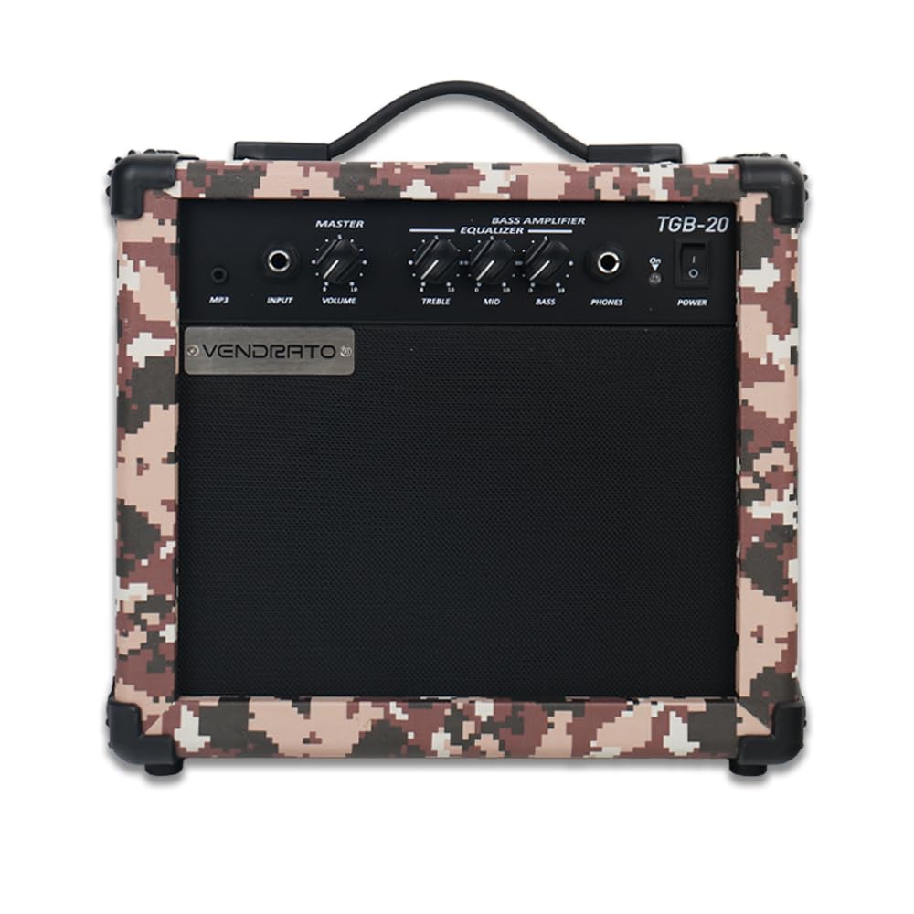 Electric Bass Guitar Amplifier Pixel Camo 20W Amp Peach Pink Color Aux Input Treble Middle Bass Headphone Power 6.5Inch Speaker Portable Size for Starter Beginner Practice Home and Outside