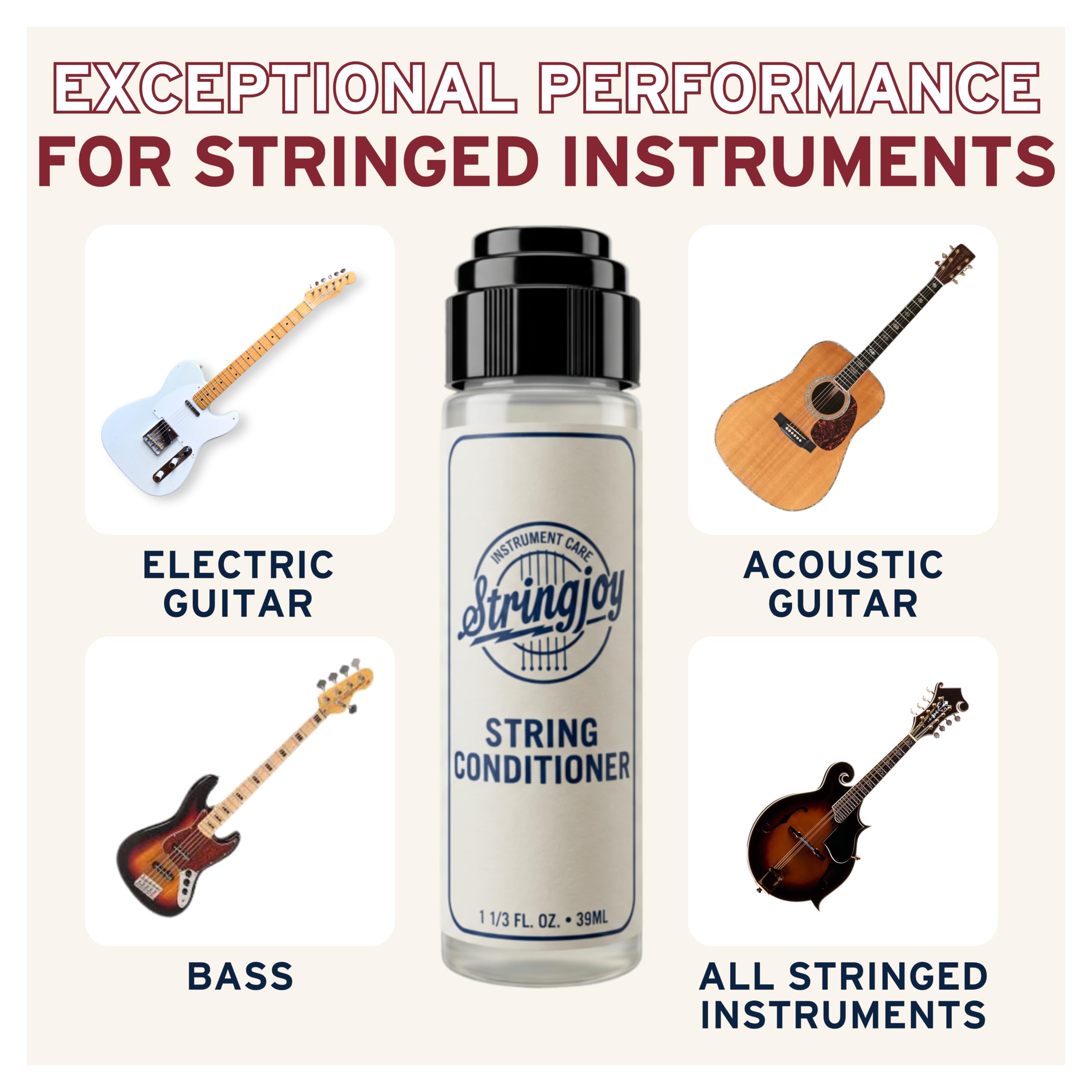 Stringjoy String Conditioner – Guitar String Cleaner for Electric & Acoustic Guitar, Bass, & Stringed Instruments – Prolongs Sound & Playability, Safe for All String Types & Fretboards, 1.33 fl oz