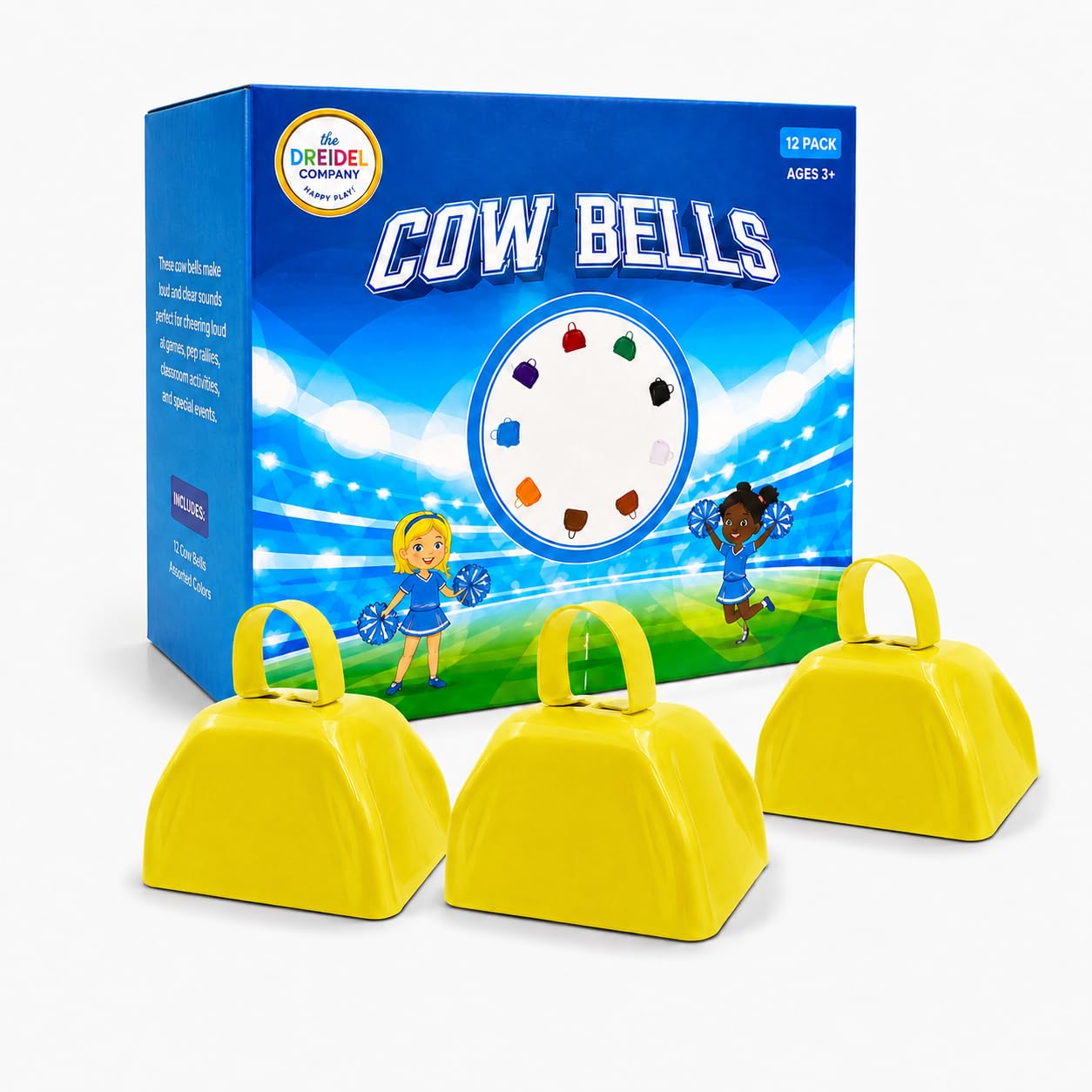 The Dreidel Company Yellow Metal Cowbell Noisemaker Cheering Bell, New Years, School Classroom, Wedding Bells & Chimes Percussion Musical Instruments Call Bell Alarm, 3″ (6-Pack)