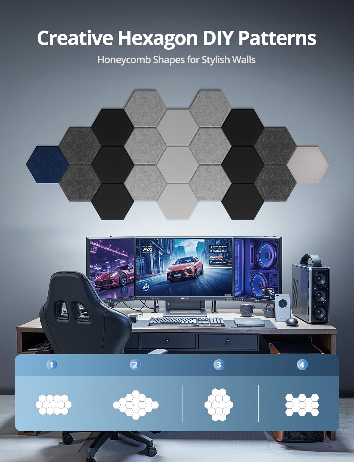 Hexagon Acoustic Wall Panels Self-Adhesive, 12 Pack Sound Absorbing Tiles for Walls & Doors, Decorative Peel & Stick Interior Panel for Studio, Home Office, Gaming Room, 12″x10″x0.4″, Dark Gray