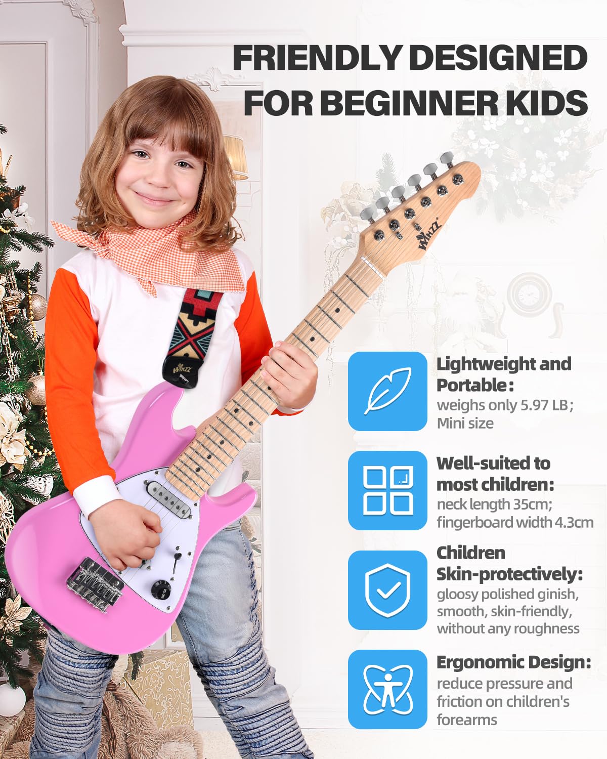 Winzz 30 Inch Kids Electric Guitar Beginner Kit, Junior 1/4 Size Mini Electric Guitar for Children Complete Stater Set with Amp, Gloosy Pink Colour