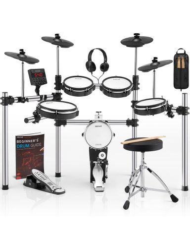 AKLOT Electric Drum Set with Kick-Tower: 4 Dual Zone Mesh Pads, 8’’ Tower-Style Kick Drum, 10’’ Snare, Dual Zone 10’’ Cymbals with Choke, 360 Sounds, User Kit, USB-MIDI, Throne, B-CORE 540 Air, Silver