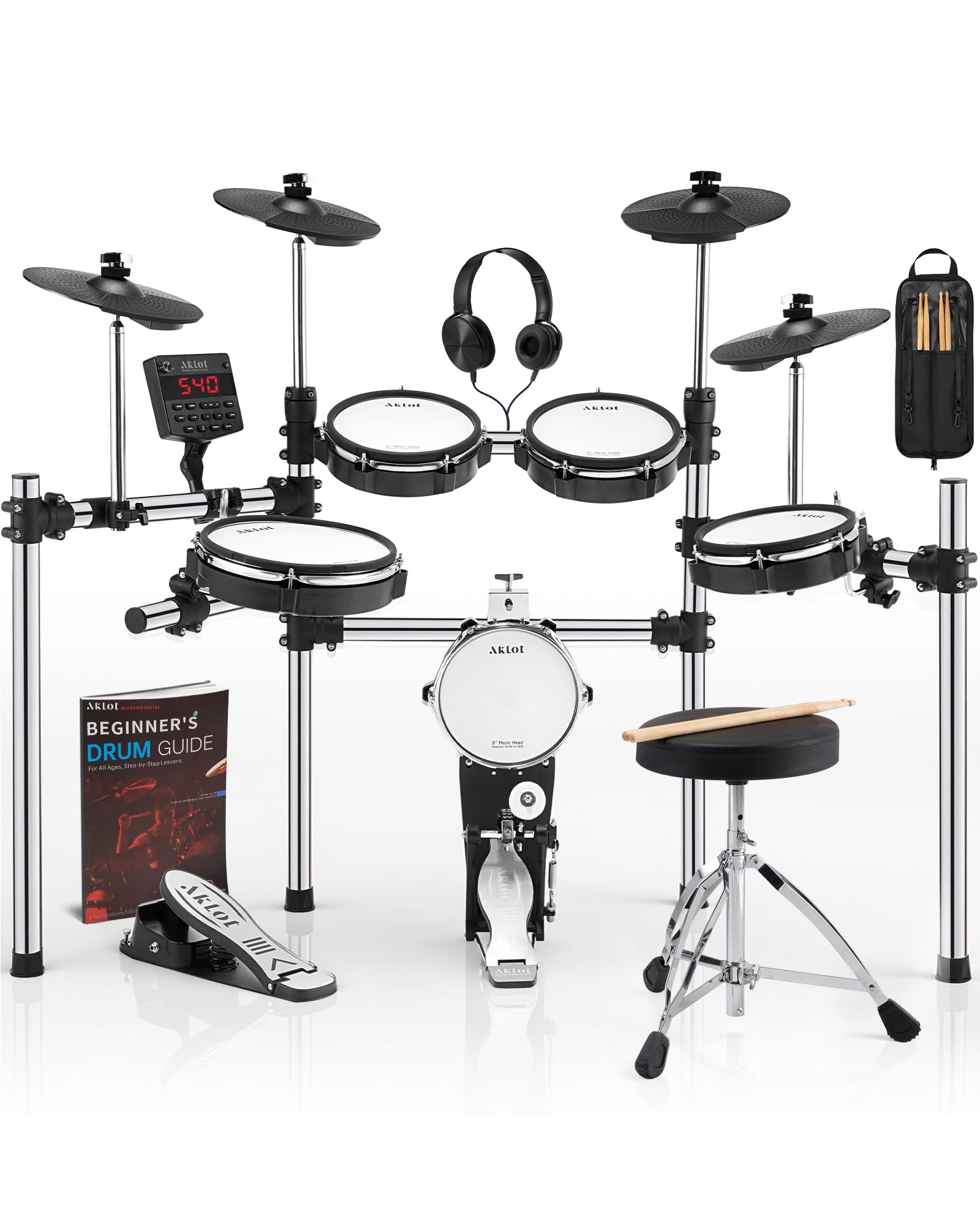 AKLOT Electric Drum Set with Kick-Tower: 4 Dual Zone Mesh Pads, 8’’ Tower-Style Kick Drum, 10’’ Snare, Dual Zone 10’’ Cymbals with Choke, 360 Sounds, User Kit, USB-MIDI, Throne, B-CORE 540 Air, Silver