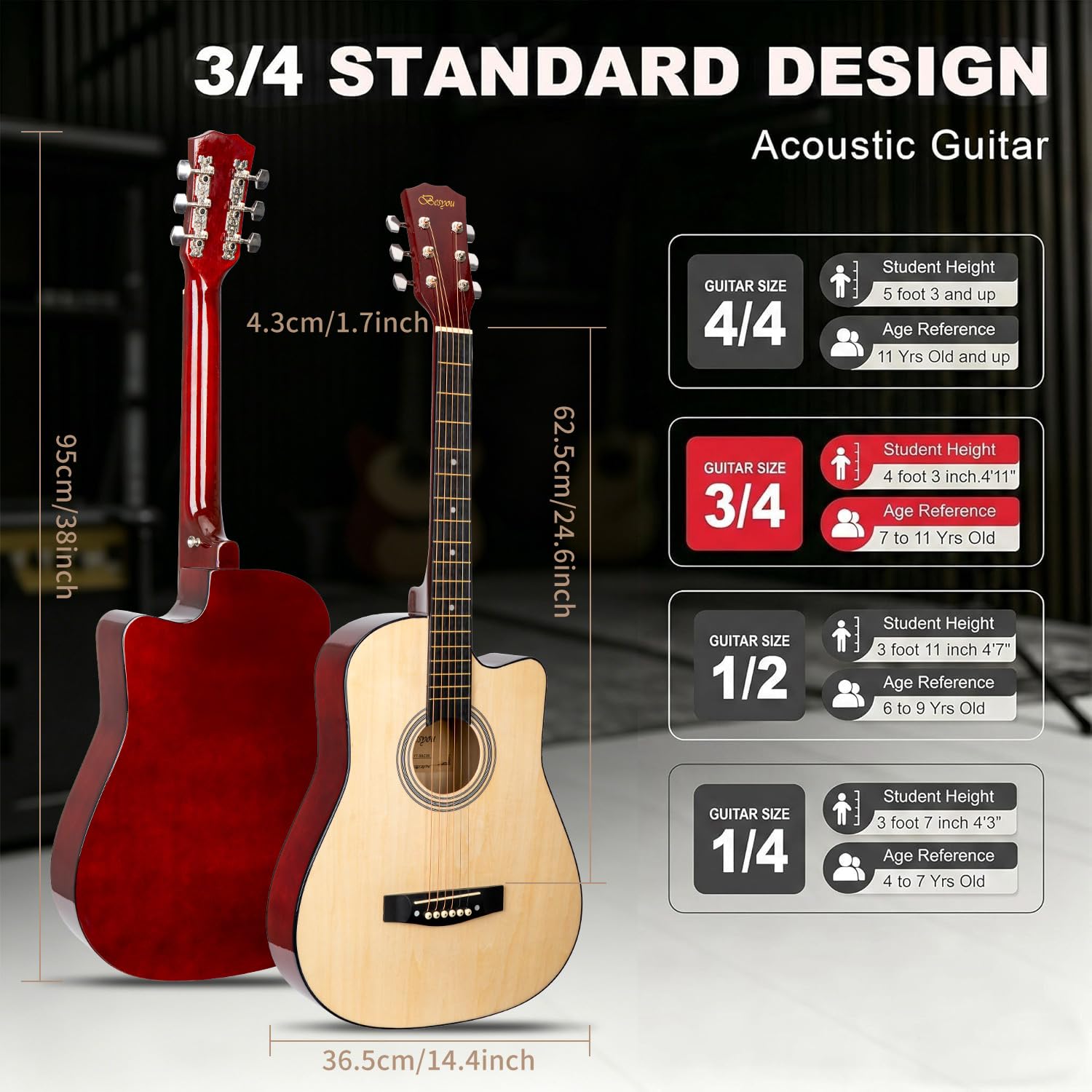 38 inch Acoustic Guitar Beginner Kits, 3/4 Cutaway Wood Acustica Guitarra for Beginners Adults with Online Lesson,Gig Bag,Picks,Steel Strings Strap with Picks Holder
