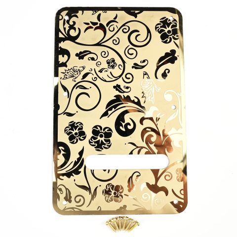 OVSAL Stainless Steel Guitar Back Plate 6 holes Engraved Metal Trem Tremolo Cover Electric Guitar Back Cover Plate Compatible with USA/Mexican Standard FD Strat ST Replacement Parts (Gold)