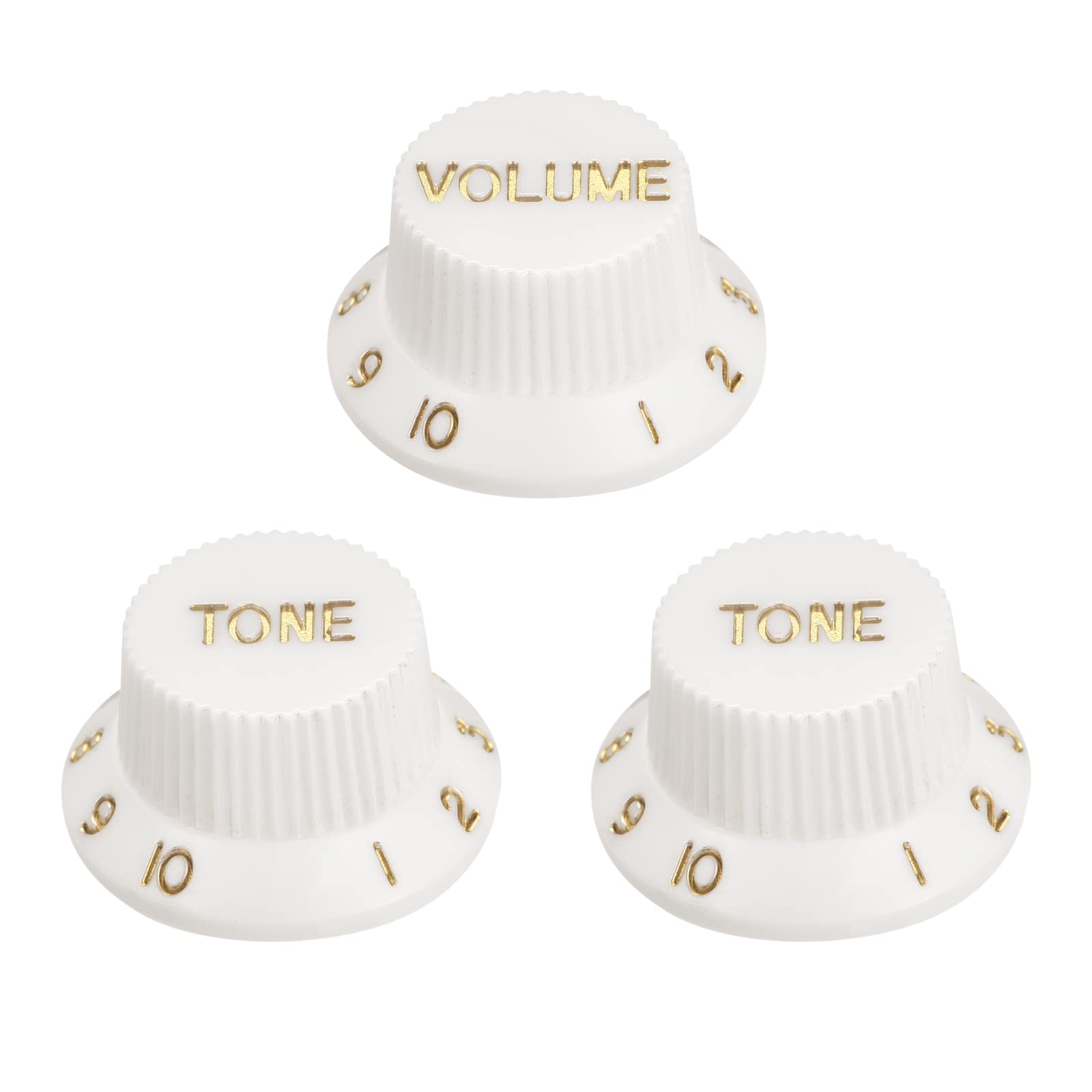 MECCANIXITY Speed Control Knobs 6mm ID 1 Volume 2 Tone Top Hat Guitar Bell Knobs for ST/SQ Electric Guitar Plastic White with Gold Characters