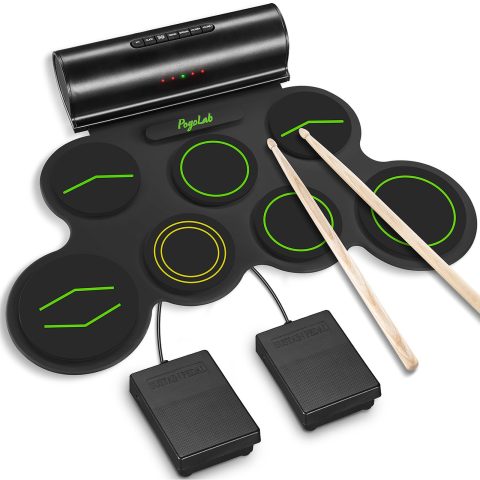 POGOLAB Electronic Drum Set, 7 Pads Roll Up Electric Drum Pad with Wireless Function, Portable Rechargeable Midi Drum Kit with Speaker/Pedals/Headphone Jack, Great Holiday Gift for Beginner (Green)