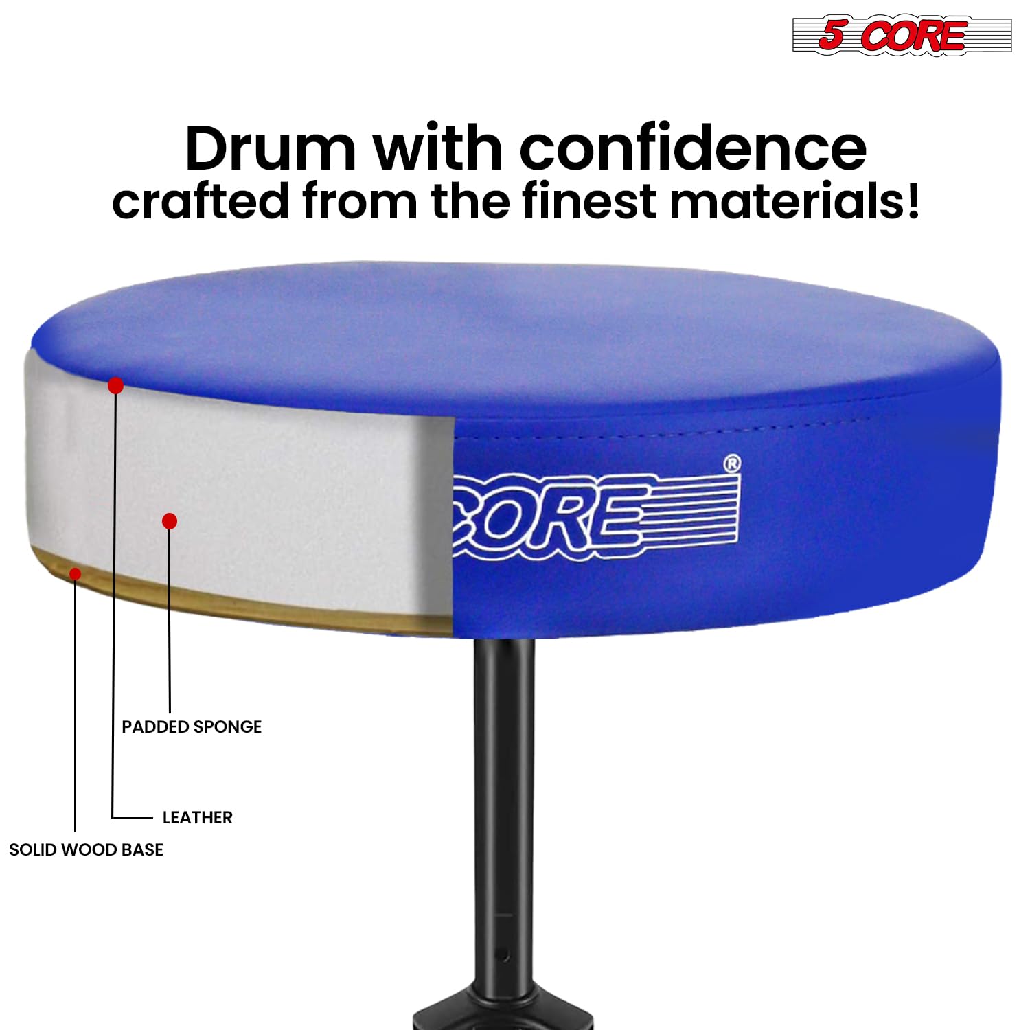 5 CORE Drum Throne Thick 3 Inch Padded Drum Seat Height Adjustable Drumming Stools with Anti-Slip Feet Drummers Chair for Practice and Performance Blue – DS 01 BLU