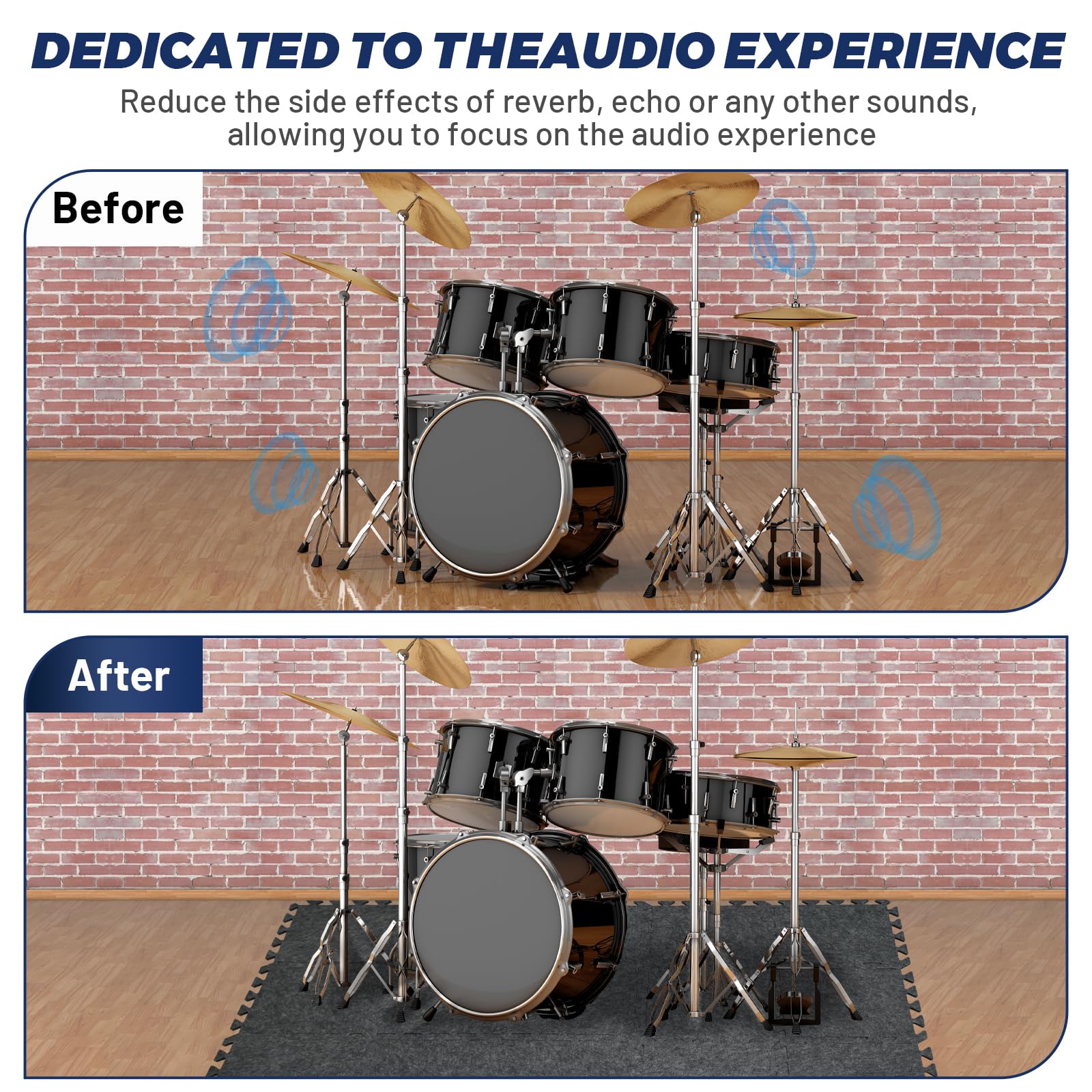 Focusound 20Pcs Sound Absorbing Interlocking Drum Rug, 11.8 x 11.8 x 0.4 inches High Density Soundproof Floor Mats, Non-Slip Anti Vibration Piano Carpet Drum Mat for Music Studio, Grey