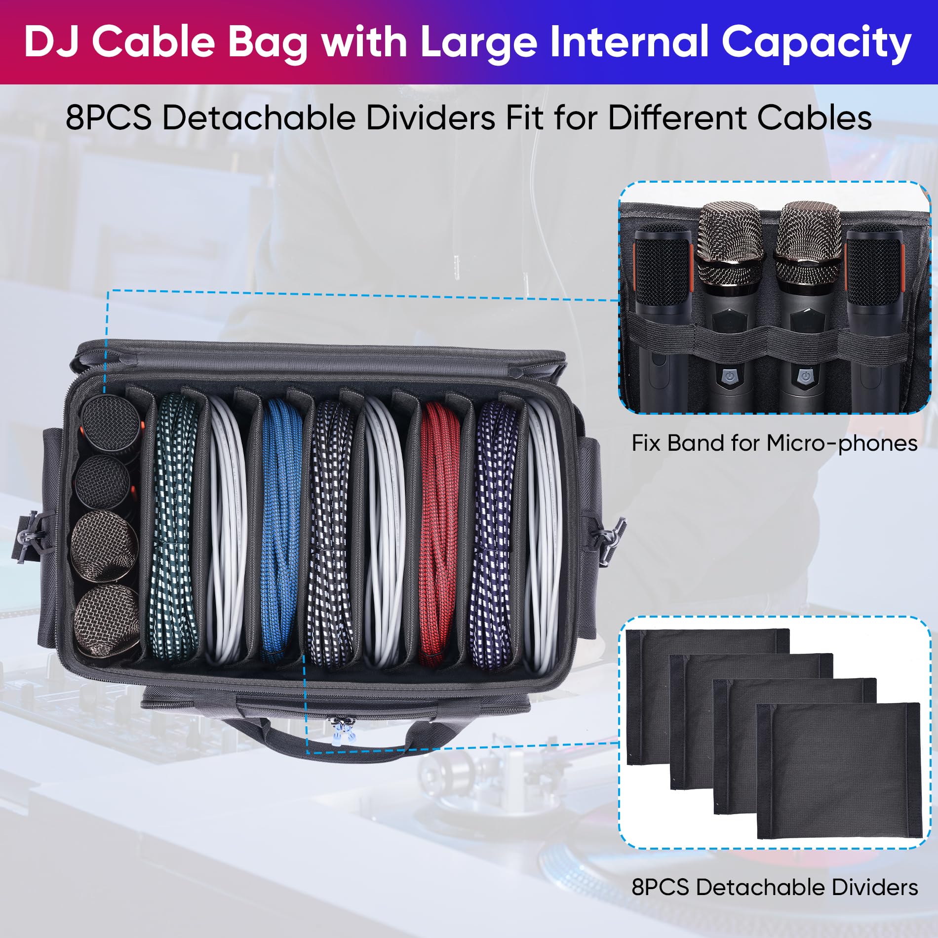 Large DJ Cable File Bag with Multi-Compartment & Pocket for Music Equipment