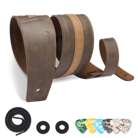 POGOLAB Leather Guitar Strap, 3 inch Wide Comfortable Foam Cushion Padded Bass Strap, Adjustable Length from 51″ to 57″, with Strap Locks & Picks, for Bass/Electric/Acoustic Guitar (Brown)