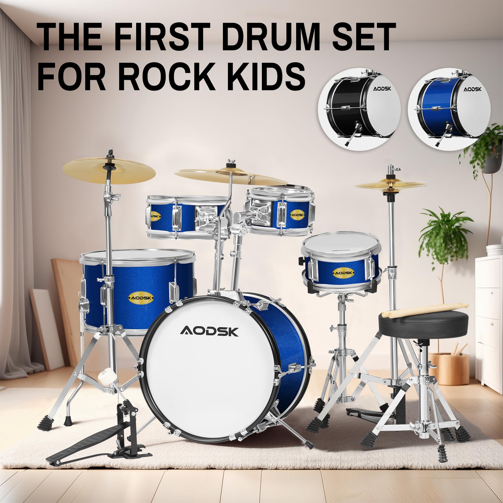 AODSK 5-Piece 14″ Jr. Drum Set, Complete Kit with Throne, Cymbals & Sticks