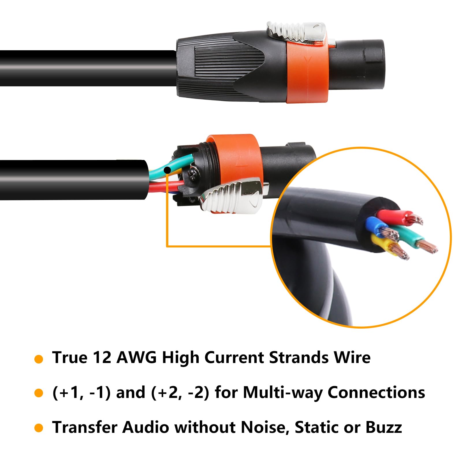 HBU 3 Feet Pack of 2 True 4 Conductor Speakon Cables – 4 Pole Speak-ON to SpeakON Cable – 12 AWG PA DJ Stage Amplifier to Cabinet Interconnect Wire with Twist Lock (3Ft, 2-Packs)