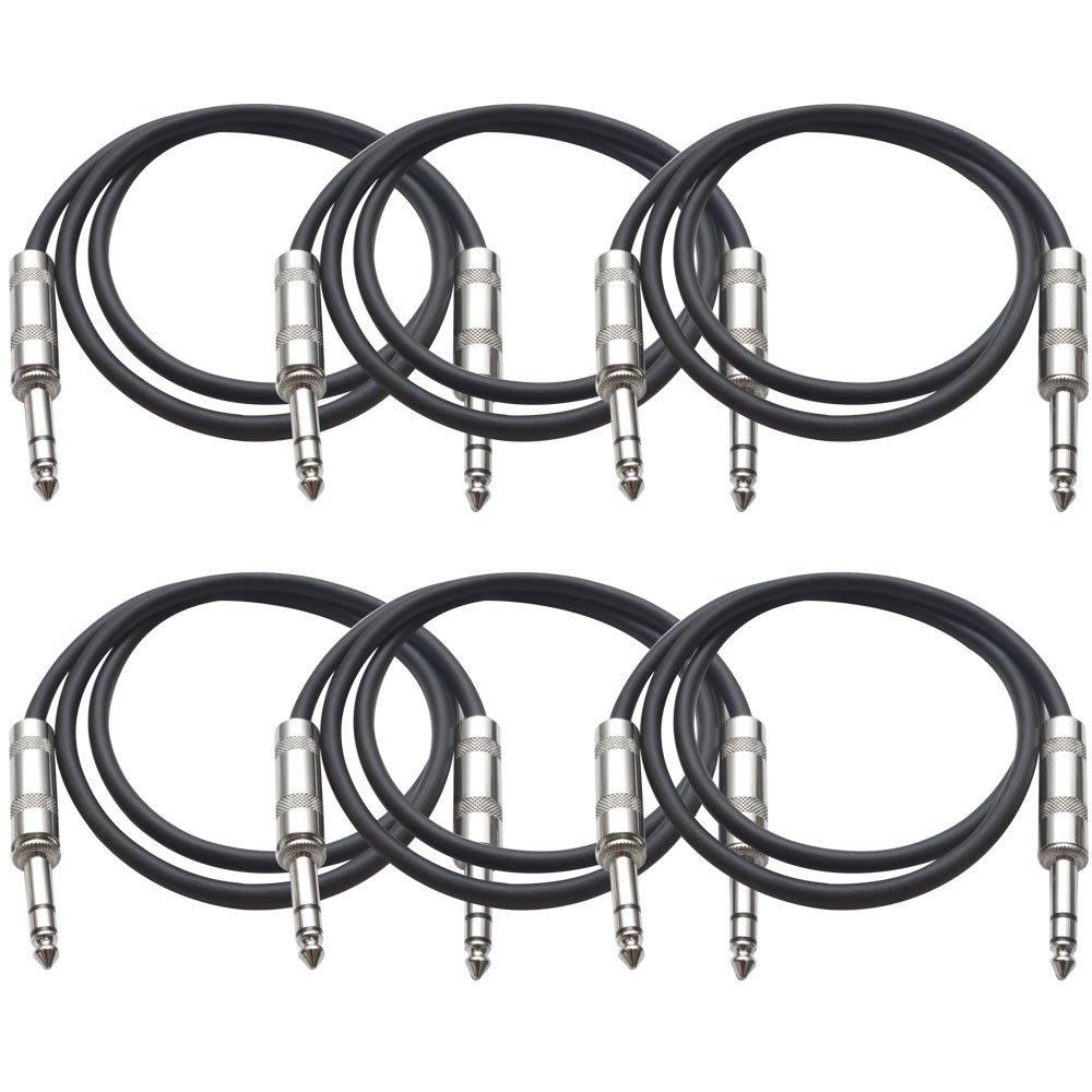 Seismic Audio – SATRX-2Black – 6 Pack of Black 2 Foot 1/4 Inch TRS to 1/4 Inch TRS Patch Cables