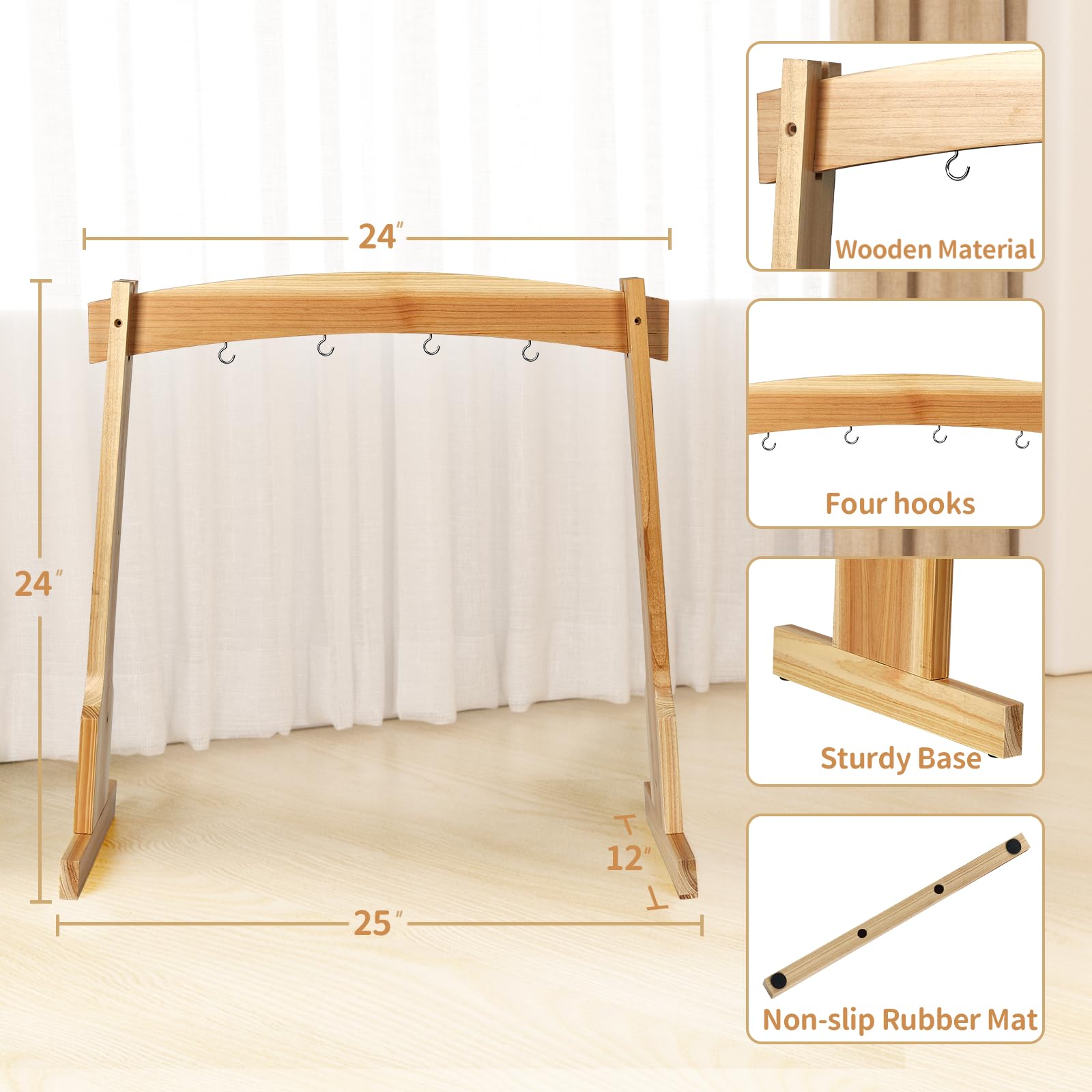 Amcortn 14″ Gong Stands, Wind Chimes Wood Stand with Base for 1 Gong or 4 Chimes, Light & Portable Multipurpose Stand, Easy Assembly for Sound Healing, Meditation, Yoga