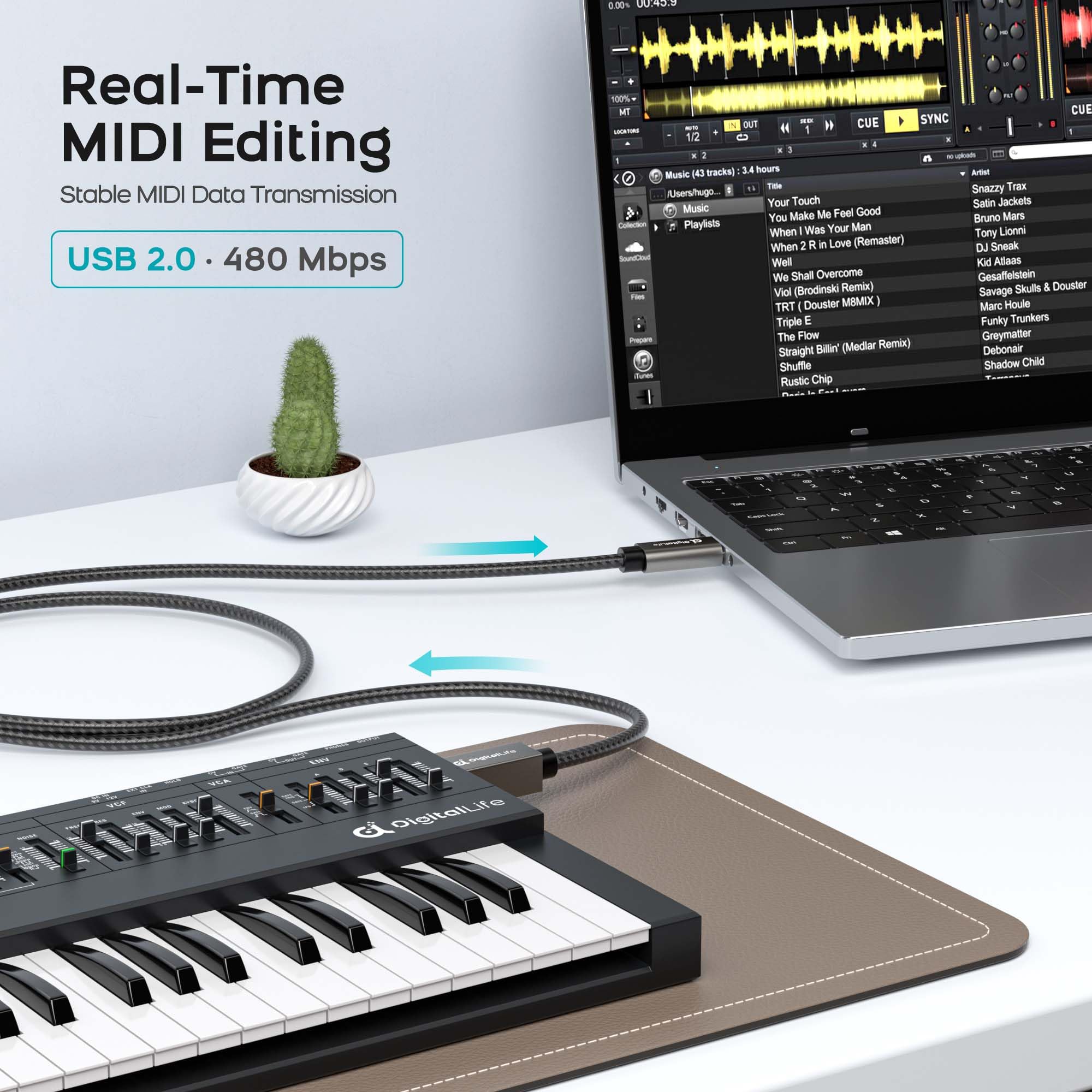 FlexMIDI Vortex USB C to USB B MIDI Cable 6.6ft with Metal Connector