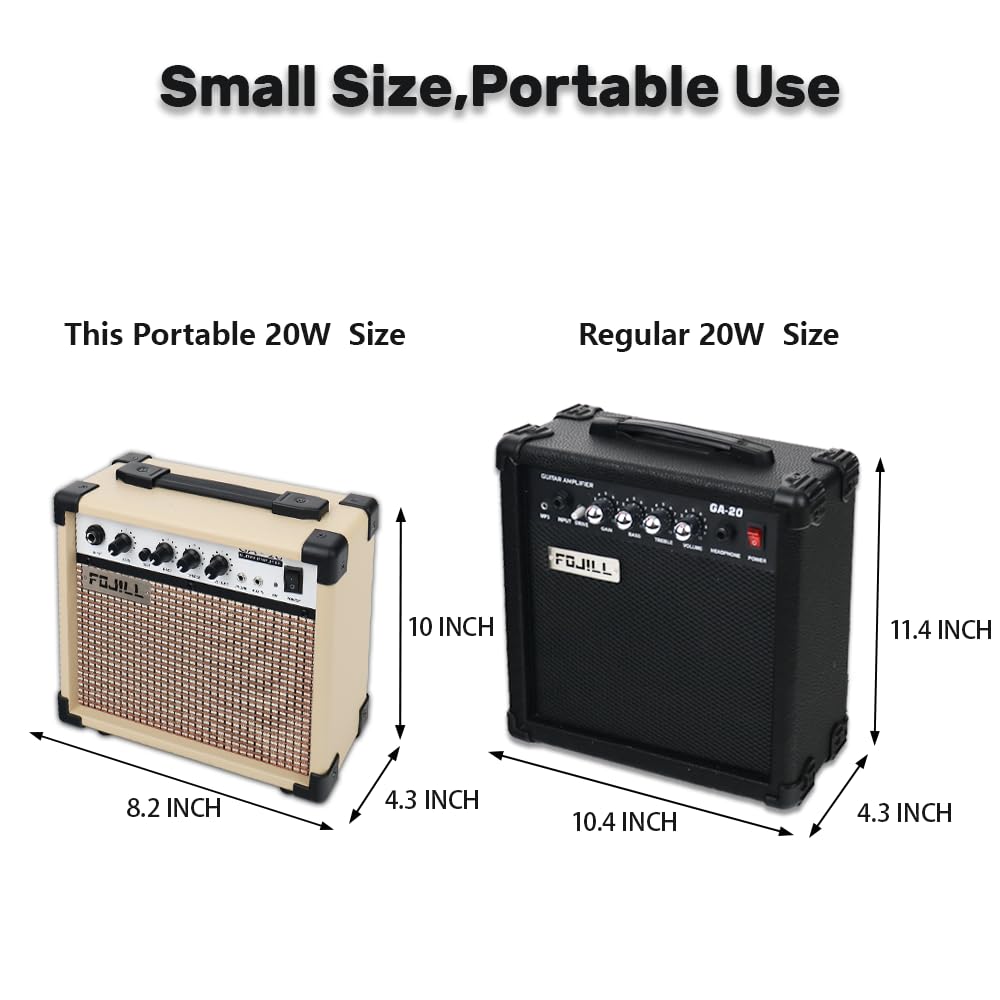 Fojill 20W Watt Electric Guitar Amplifier Amp Practice Small Portable Travel Mini Amp with 3.5 Headphone Jack Aux Distortion Gain Treble Bass Volume (Cream, 20W)