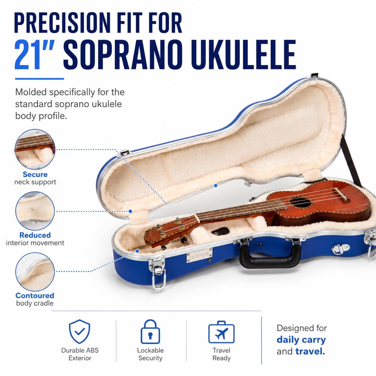 Crossrock Soprano Ukulele Case, Fit for 21 inches | Molded Hardshell with Scratch-Resistant Matte Finish, Security Lock, Accessory Compartment & Shoulder Straps — Vibrant Blue (CRA880SUVB)
